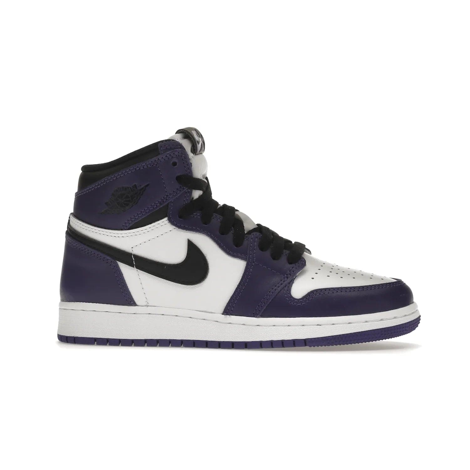 Jordan 1 Retro High Court Purple White (GS) - Image 2 - Only at www.BallersClubKickz.com - The Air Jordan 1 Retro High Court Purple is here and young sneaker heads can show off classic style. Features a white tumbled leather upper, black swoosh, purple overlays, black collar with purple overlay, white tongue, black patch with purple Nike Air logo and swoosh, white midsole, and purple rubber outsole with circular pattern.