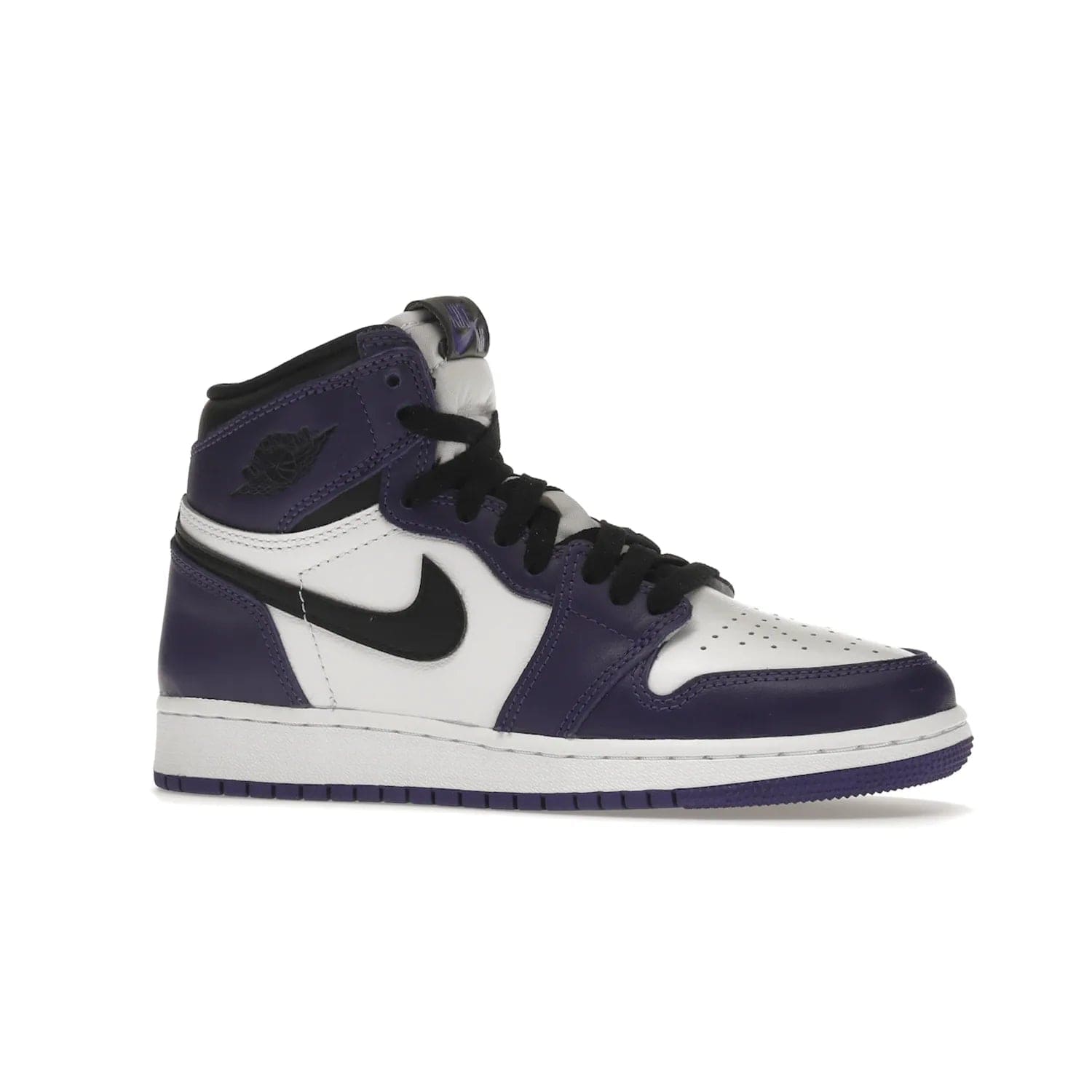 Jordan 1 Retro High Court Purple White (GS) - Image 3 - Only at www.BallersClubKickz.com - The Air Jordan 1 Retro High Court Purple is here and young sneaker heads can show off classic style. Features a white tumbled leather upper, black swoosh, purple overlays, black collar with purple overlay, white tongue, black patch with purple Nike Air logo and swoosh, white midsole, and purple rubber outsole with circular pattern.