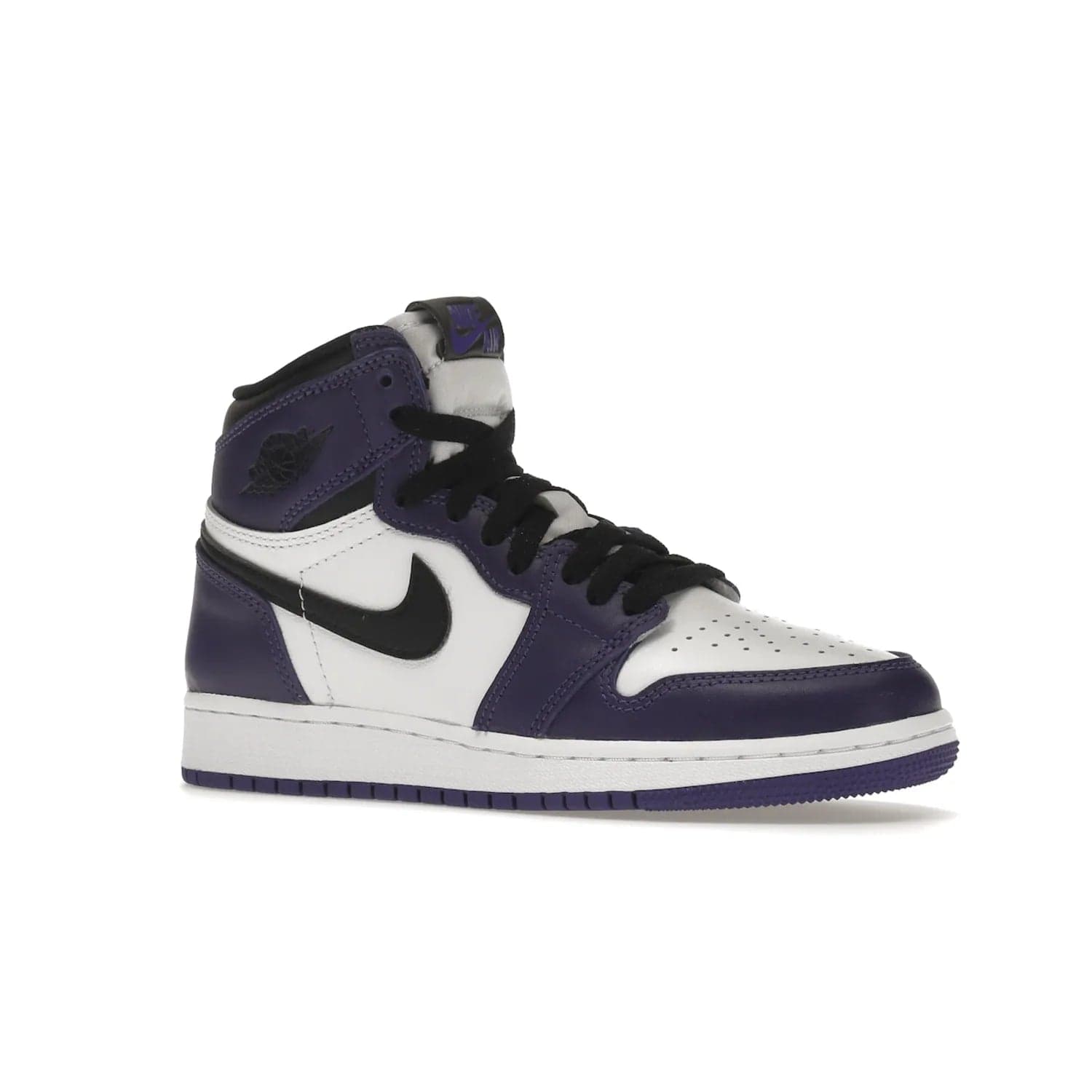 Jordan 1 Retro High Court Purple White (GS) - Image 4 - Only at www.BallersClubKickz.com - The Air Jordan 1 Retro High Court Purple is here and young sneaker heads can show off classic style. Features a white tumbled leather upper, black swoosh, purple overlays, black collar with purple overlay, white tongue, black patch with purple Nike Air logo and swoosh, white midsole, and purple rubber outsole with circular pattern.