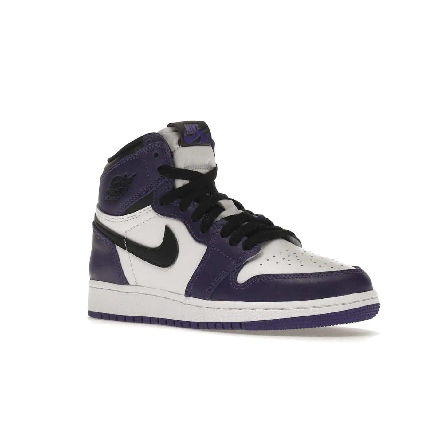 Jordan 1 Retro High Court Purple White (GS) - Image 5 - Only at www.BallersClubKickz.com - The Air Jordan 1 Retro High Court Purple is here and young sneaker heads can show off classic style. Features a white tumbled leather upper, black swoosh, purple overlays, black collar with purple overlay, white tongue, black patch with purple Nike Air logo and swoosh, white midsole, and purple rubber outsole with circular pattern.