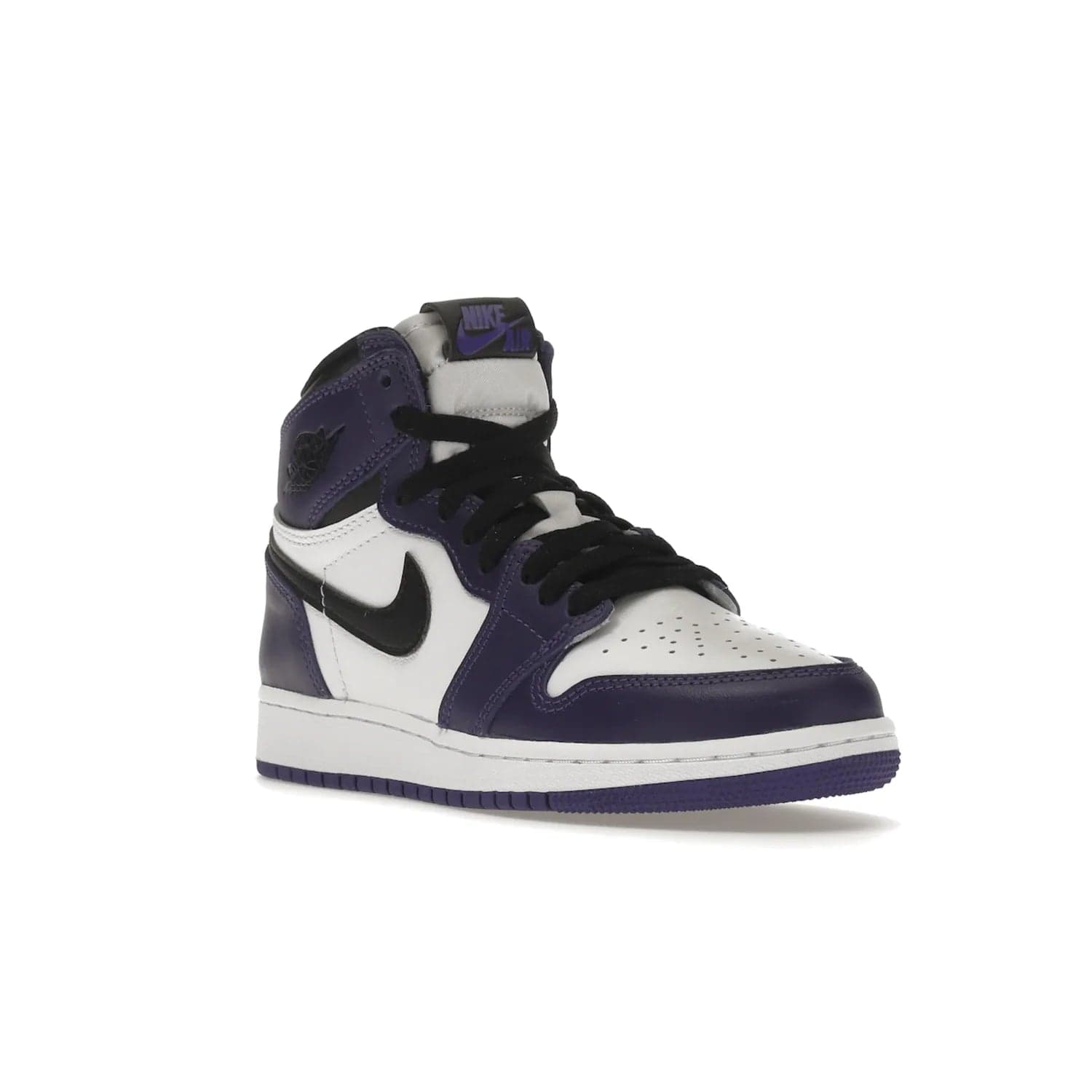 Jordan 1 Retro High Court Purple White (GS) - Image 6 - Only at www.BallersClubKickz.com - The Air Jordan 1 Retro High Court Purple is here and young sneaker heads can show off classic style. Features a white tumbled leather upper, black swoosh, purple overlays, black collar with purple overlay, white tongue, black patch with purple Nike Air logo and swoosh, white midsole, and purple rubber outsole with circular pattern.