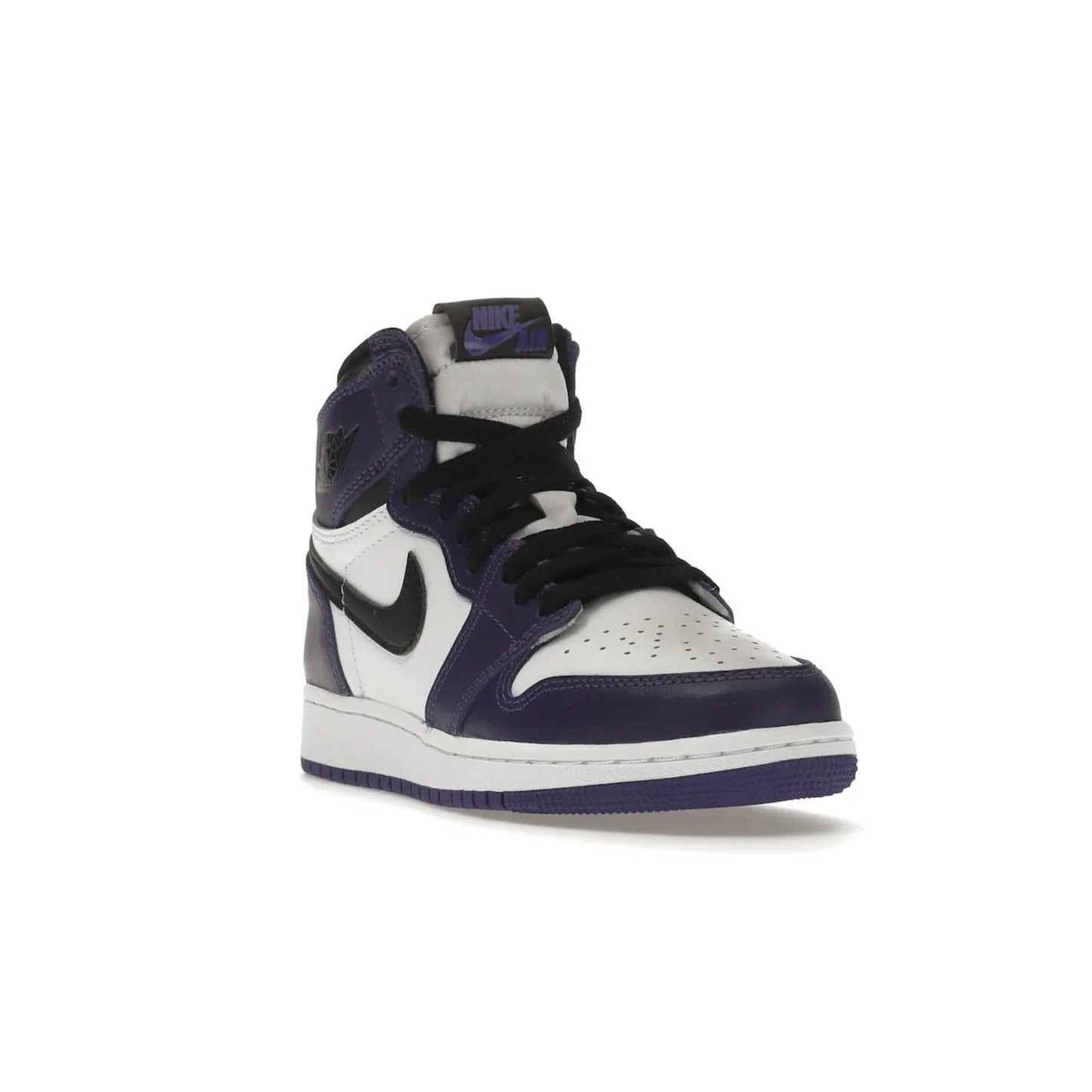 Jordan 1 Retro High Court Purple White (GS) - Image 7 - Only at www.BallersClubKickz.com - The Air Jordan 1 Retro High Court Purple is here and young sneaker heads can show off classic style. Features a white tumbled leather upper, black swoosh, purple overlays, black collar with purple overlay, white tongue, black patch with purple Nike Air logo and swoosh, white midsole, and purple rubber outsole with circular pattern.