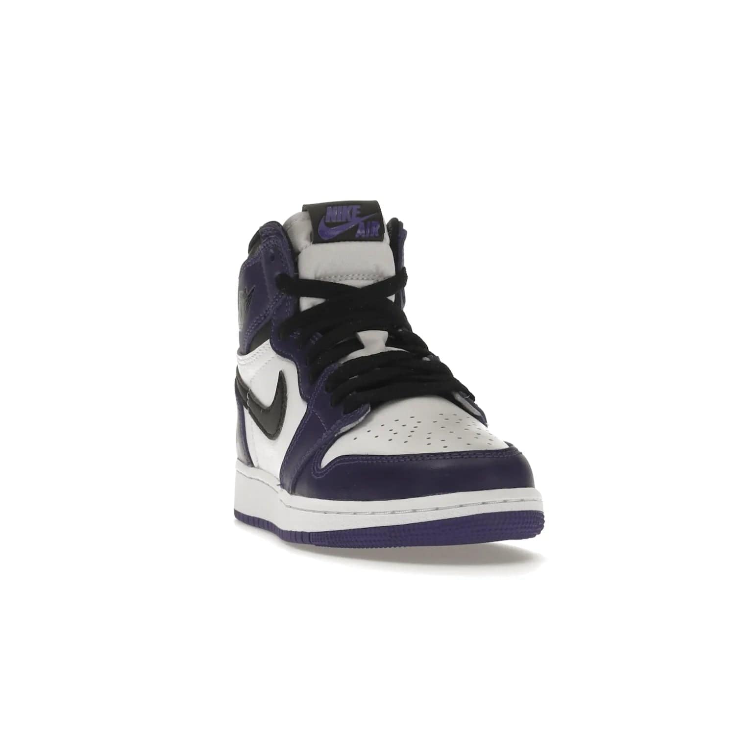 Jordan 1 Retro High Court Purple White (GS) - Image 8 - Only at www.BallersClubKickz.com - The Air Jordan 1 Retro High Court Purple is here and young sneaker heads can show off classic style. Features a white tumbled leather upper, black swoosh, purple overlays, black collar with purple overlay, white tongue, black patch with purple Nike Air logo and swoosh, white midsole, and purple rubber outsole with circular pattern.