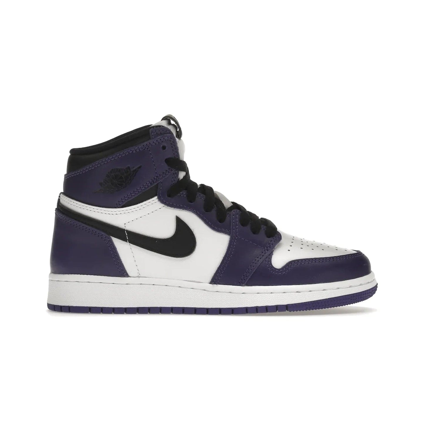 Jordan 1 Retro High Court Purple White (GS) - Image 1 - Only at www.BallersClubKickz.com - The Air Jordan 1 Retro High Court Purple is here and young sneaker heads can show off classic style. Features a white tumbled leather upper, black swoosh, purple overlays, black collar with purple overlay, white tongue, black patch with purple Nike Air logo and swoosh, white midsole, and purple rubber outsole with circular pattern.