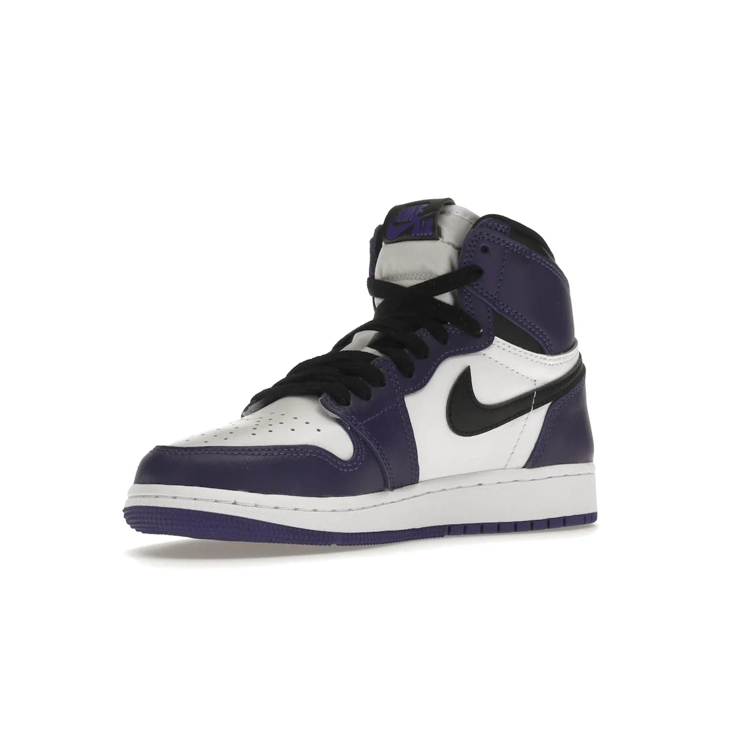 Jordan 1 Retro High Court Purple White (GS) - Image 15 - Only at www.BallersClubKickz.com - The Air Jordan 1 Retro High Court Purple is here and young sneaker heads can show off classic style. Features a white tumbled leather upper, black swoosh, purple overlays, black collar with purple overlay, white tongue, black patch with purple Nike Air logo and swoosh, white midsole, and purple rubber outsole with circular pattern.