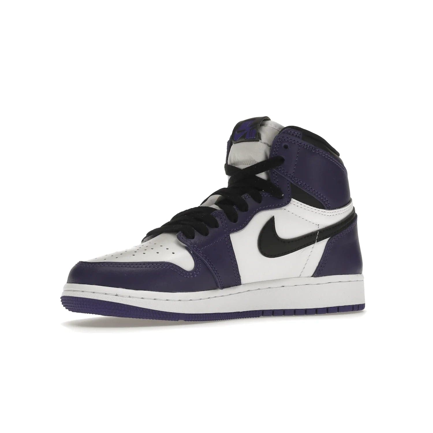 Jordan 1 Retro High Court Purple White (GS) - Image 16 - Only at www.BallersClubKickz.com - The Air Jordan 1 Retro High Court Purple is here and young sneaker heads can show off classic style. Features a white tumbled leather upper, black swoosh, purple overlays, black collar with purple overlay, white tongue, black patch with purple Nike Air logo and swoosh, white midsole, and purple rubber outsole with circular pattern.