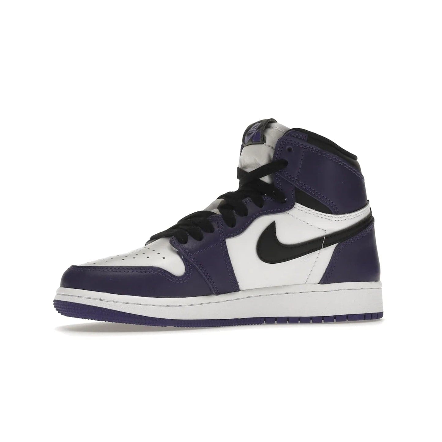 Jordan 1 Retro High Court Purple White (GS) - Image 17 - Only at www.BallersClubKickz.com - The Air Jordan 1 Retro High Court Purple is here and young sneaker heads can show off classic style. Features a white tumbled leather upper, black swoosh, purple overlays, black collar with purple overlay, white tongue, black patch with purple Nike Air logo and swoosh, white midsole, and purple rubber outsole with circular pattern.