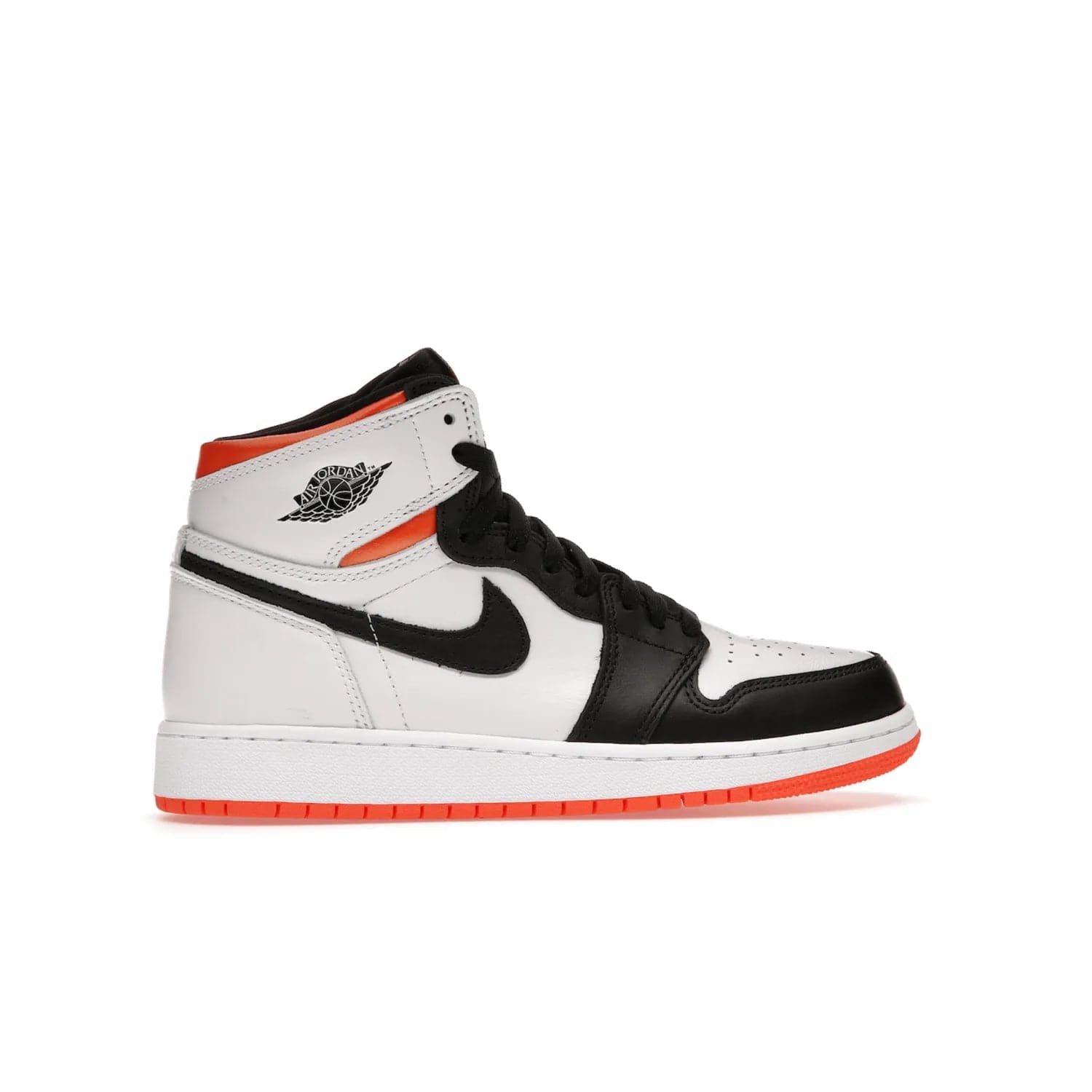 Jordan 1 High OG Electro Orange (GS) - Image 36 - Only at www.BallersClubKickz.com - The Air Jordan 1 High OG Electro Orange GS is the ideal shoe for kids on the go. Featuring white leather uppers, black overlays, and bright orange accents, it's sure to become a favorite. A great mix of classic style and vibrant colors, the shoe delivers air cushioning for comfort and hard orange rubber for grip. Release on July 17th, 2021. Get them a pair today.