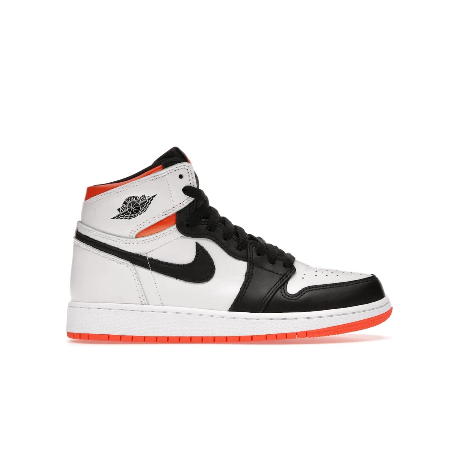 Jordan 1 High OG Electro Orange (GS) - Image 1 - Only at www.BallersClubKickz.com - The Air Jordan 1 High OG Electro Orange GS is the ideal shoe for kids on the go. Featuring white leather uppers, black overlays, and bright orange accents, it's sure to become a favorite. A great mix of classic style and vibrant colors, the shoe delivers air cushioning for comfort and hard orange rubber for grip. Release on July 17th, 2021. Get them a pair today.