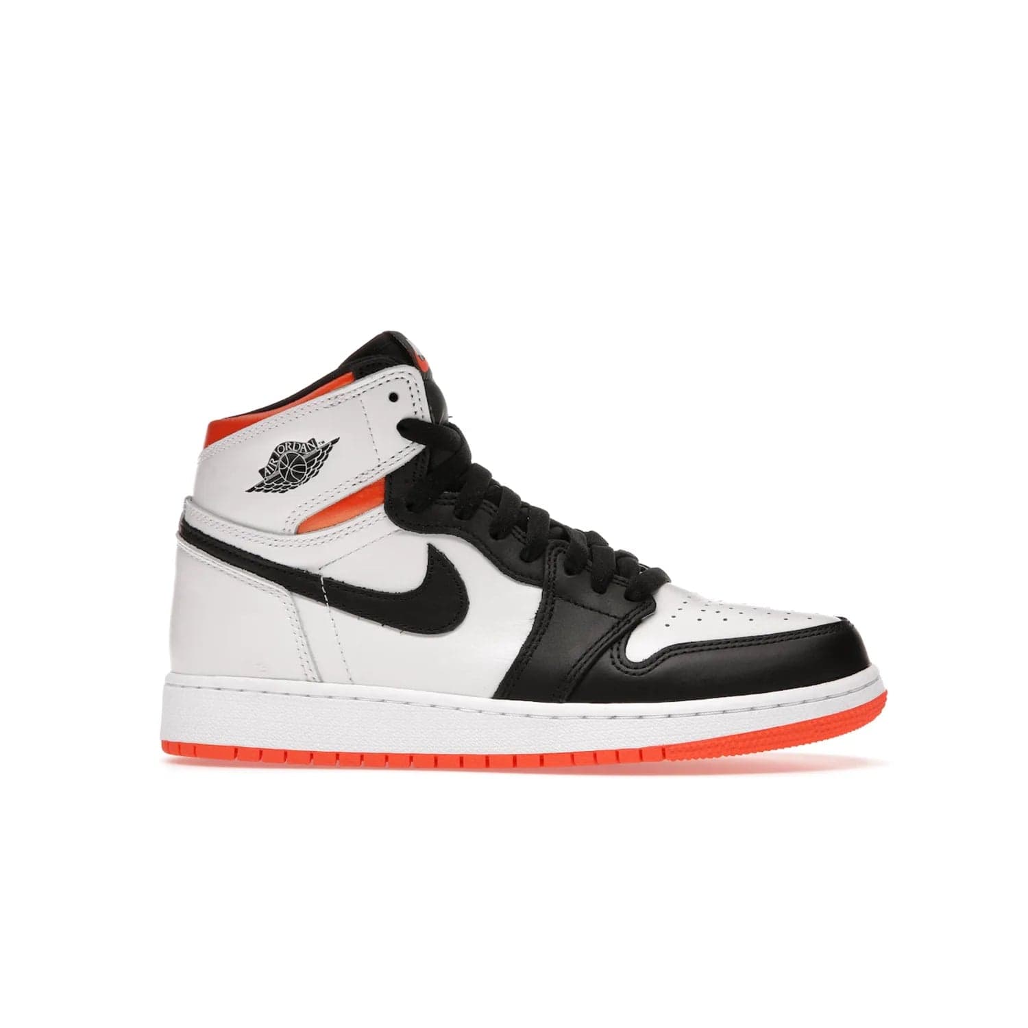 Jordan 1 High OG Electro Orange (GS) - Image 2 - Only at www.BallersClubKickz.com - The Air Jordan 1 High OG Electro Orange GS is the ideal shoe for kids on the go. Featuring white leather uppers, black overlays, and bright orange accents, it's sure to become a favorite. A great mix of classic style and vibrant colors, the shoe delivers air cushioning for comfort and hard orange rubber for grip. Release on July 17th, 2021. Get them a pair today.
