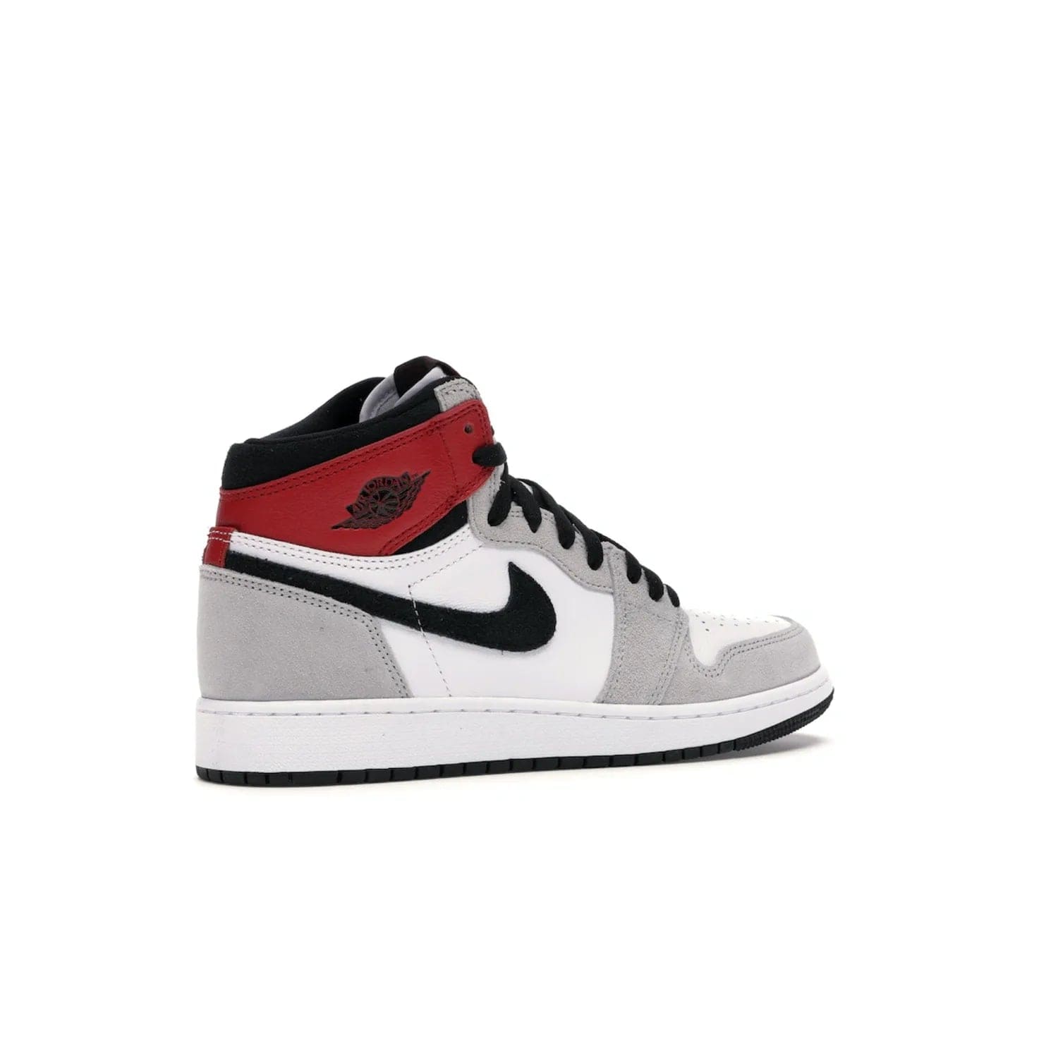 Jordan 1 Retro High Light Smoke Grey (GS) - Image 34 - Only at www.BallersClubKickz.com - Jordan 1 Retro High Light Smoke Grey (GS) features shades of grey, black, and Varsity Red with a bold silhouette. Premium white leather and suede overlays create a unique look. Released July 2020, offering style and performance. Perfect sneaker for any collector or fan.