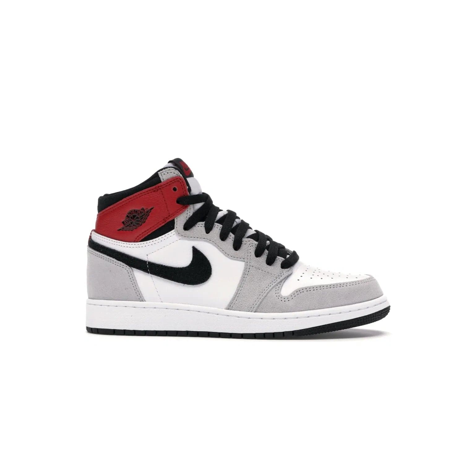 Jordan 1 Retro High Light Smoke Grey (GS) - Image 2 - Only at www.BallersClubKickz.com - Jordan 1 Retro High Light Smoke Grey (GS) features shades of grey, black, and Varsity Red with a bold silhouette. Premium white leather and suede overlays create a unique look. Released July 2020, offering style and performance. Perfect sneaker for any collector or fan.
