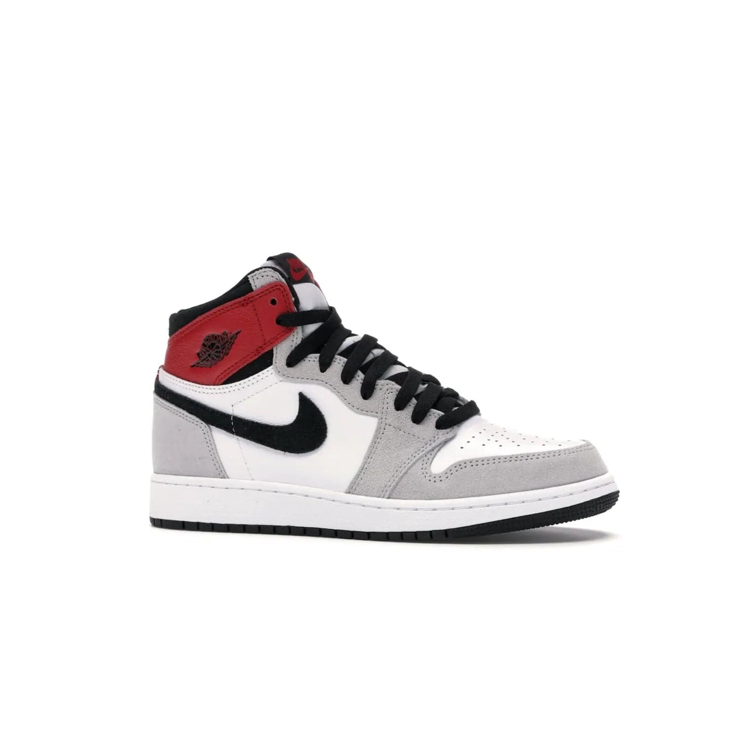 Jordan 1 Retro High Light Smoke Grey (GS) - Image 3 - Only at www.BallersClubKickz.com - Jordan 1 Retro High Light Smoke Grey (GS) features shades of grey, black, and Varsity Red with a bold silhouette. Premium white leather and suede overlays create a unique look. Released July 2020, offering style and performance. Perfect sneaker for any collector or fan.