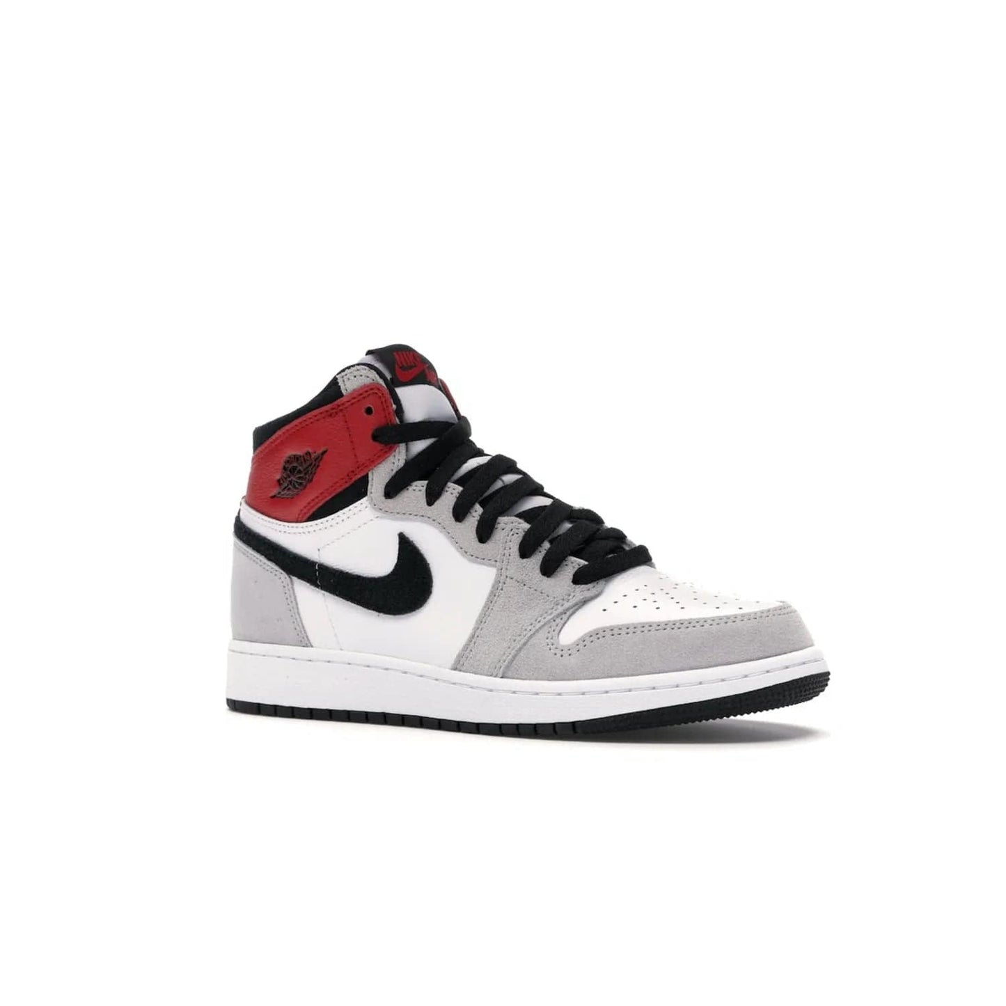 Jordan 1 Retro High Light Smoke Grey (GS) - Image 4 - Only at www.BallersClubKickz.com - Jordan 1 Retro High Light Smoke Grey (GS) features shades of grey, black, and Varsity Red with a bold silhouette. Premium white leather and suede overlays create a unique look. Released July 2020, offering style and performance. Perfect sneaker for any collector or fan.