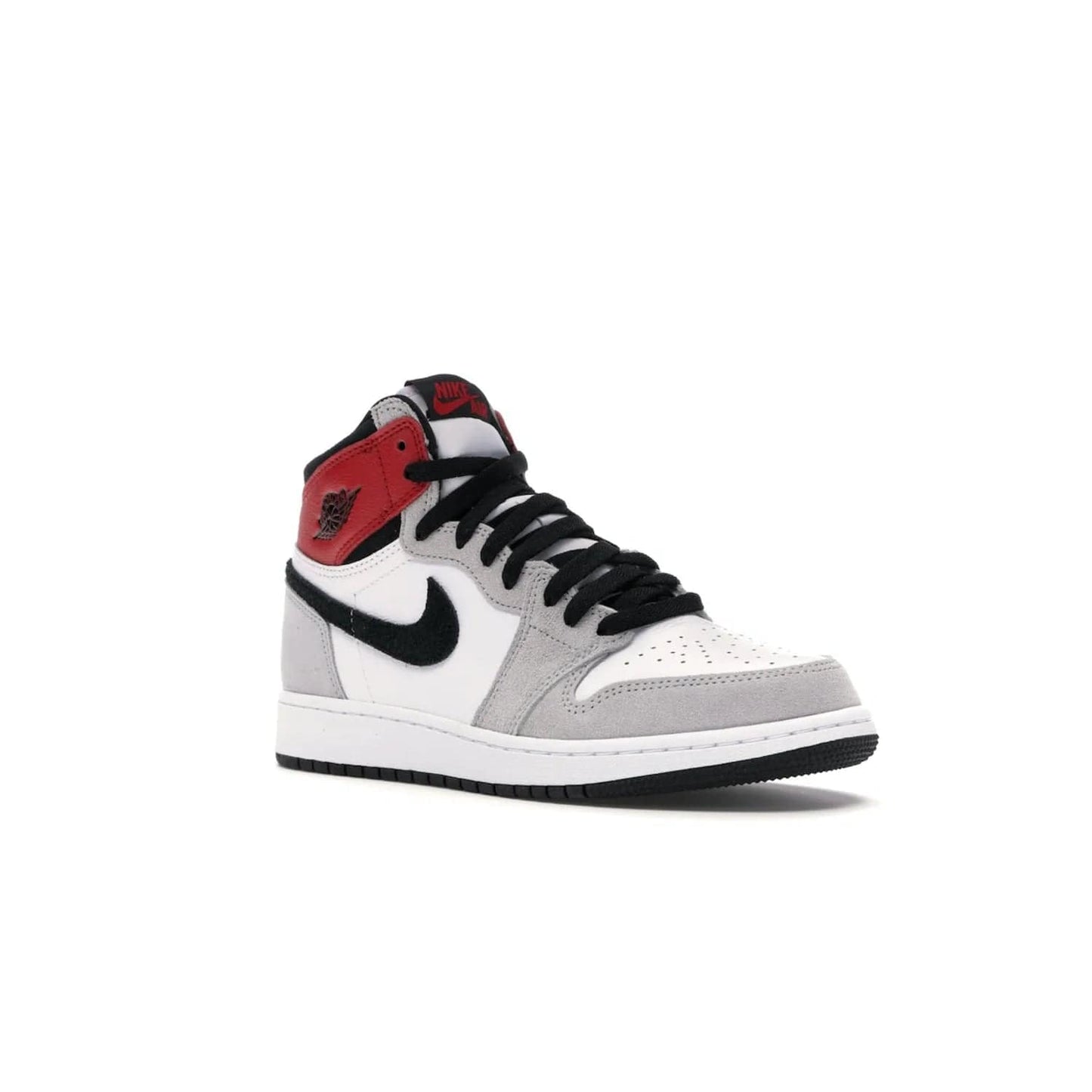 Jordan 1 Retro High Light Smoke Grey (GS) - Image 5 - Only at www.BallersClubKickz.com - Jordan 1 Retro High Light Smoke Grey (GS) features shades of grey, black, and Varsity Red with a bold silhouette. Premium white leather and suede overlays create a unique look. Released July 2020, offering style and performance. Perfect sneaker for any collector or fan.
