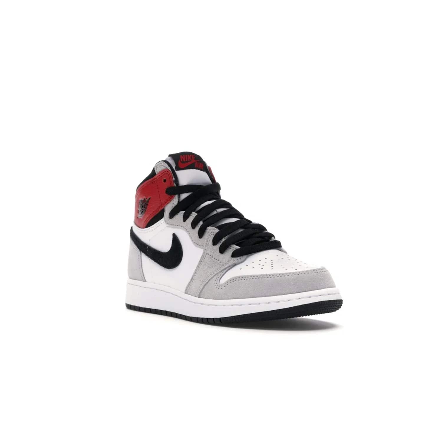 Jordan 1 Retro High Light Smoke Grey (GS) - Image 6 - Only at www.BallersClubKickz.com - Jordan 1 Retro High Light Smoke Grey (GS) features shades of grey, black, and Varsity Red with a bold silhouette. Premium white leather and suede overlays create a unique look. Released July 2020, offering style and performance. Perfect sneaker for any collector or fan.