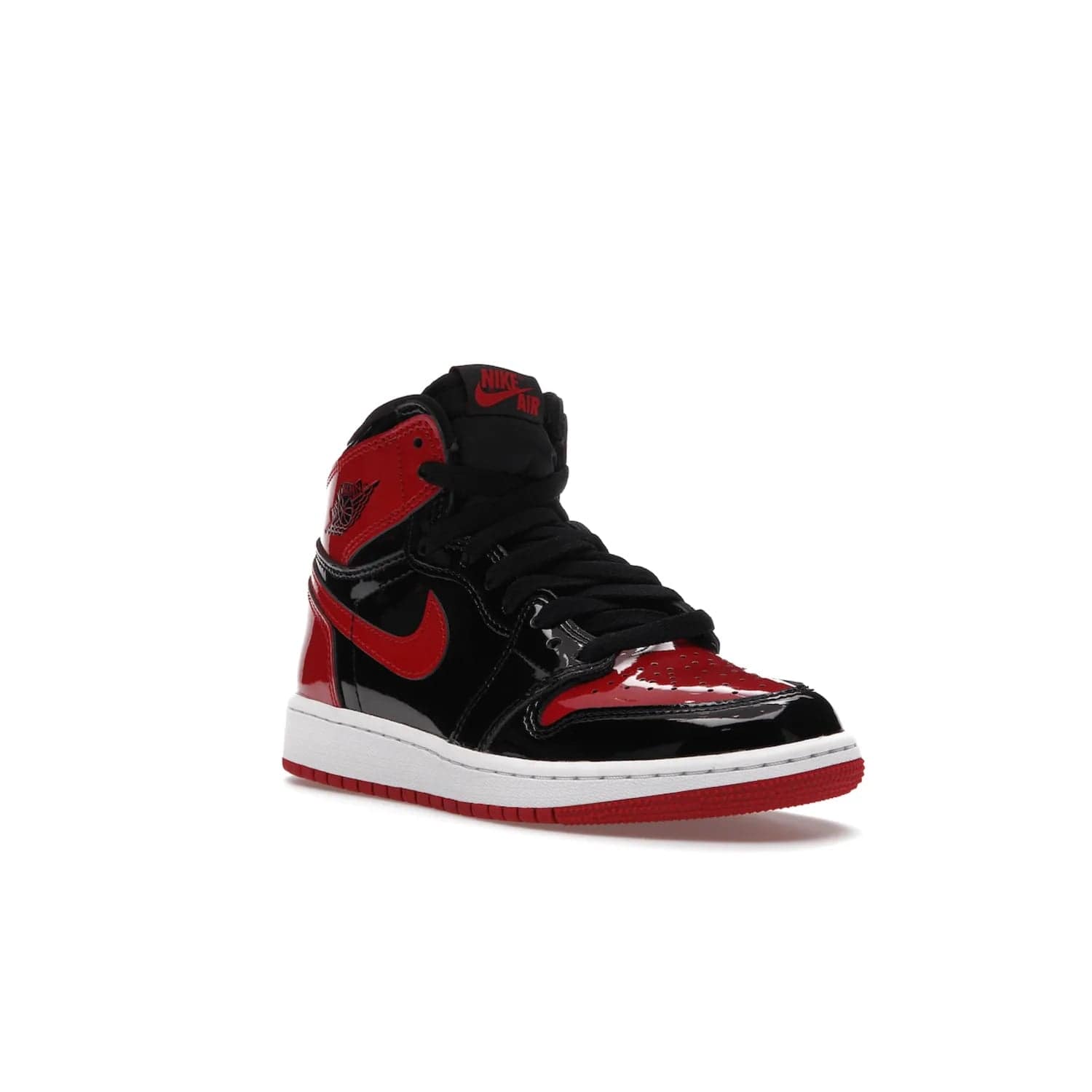 Jordan 1 Retro High OG Patent Bred (GS) - Image 6 - Only at www.BallersClubKickz.com - Upgrade your sneaker game with the iconic Air Jordan 1 Retro High OG Bred Patent GS. Crafted with premium patent leather and basketball-inspired details for a classic look, they also feature an encapsulated Air-sole cushioning and enhanced red rubber outsole. Don't miss this timeless sneaker with a striking black, white, and varsity red colorway, dropping December 2021.