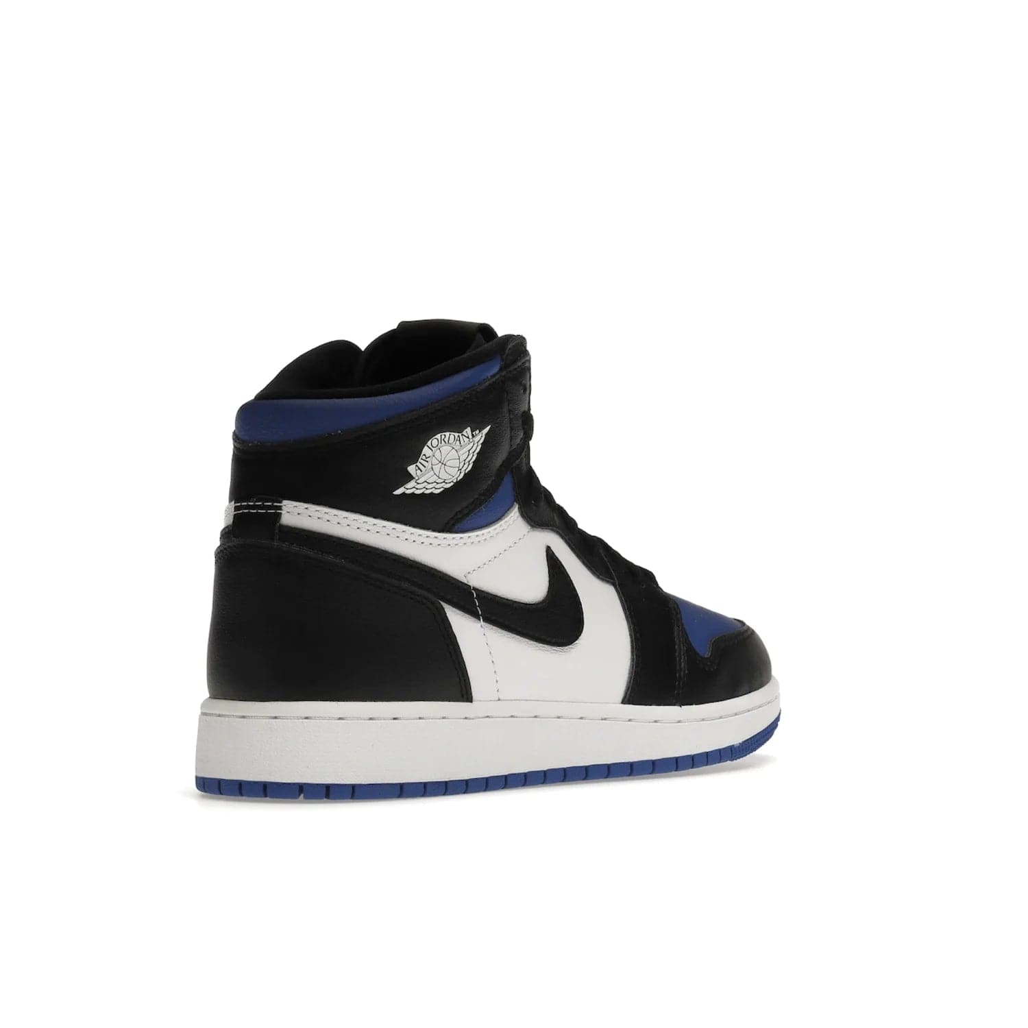 Jordan 1 Retro High Royal Toe (GS) - Image 32 - Only at www.BallersClubKickz.com - Take your sneaker wardrobe to the next level with the Jordan 1 Retro High Royal Toe (GS). Combining classic design with a luxurious white and royal blue leather upper, a textured black Swoosh and a tapered outsole. Stand out with the Air Jordan Wings logo near the heel.
