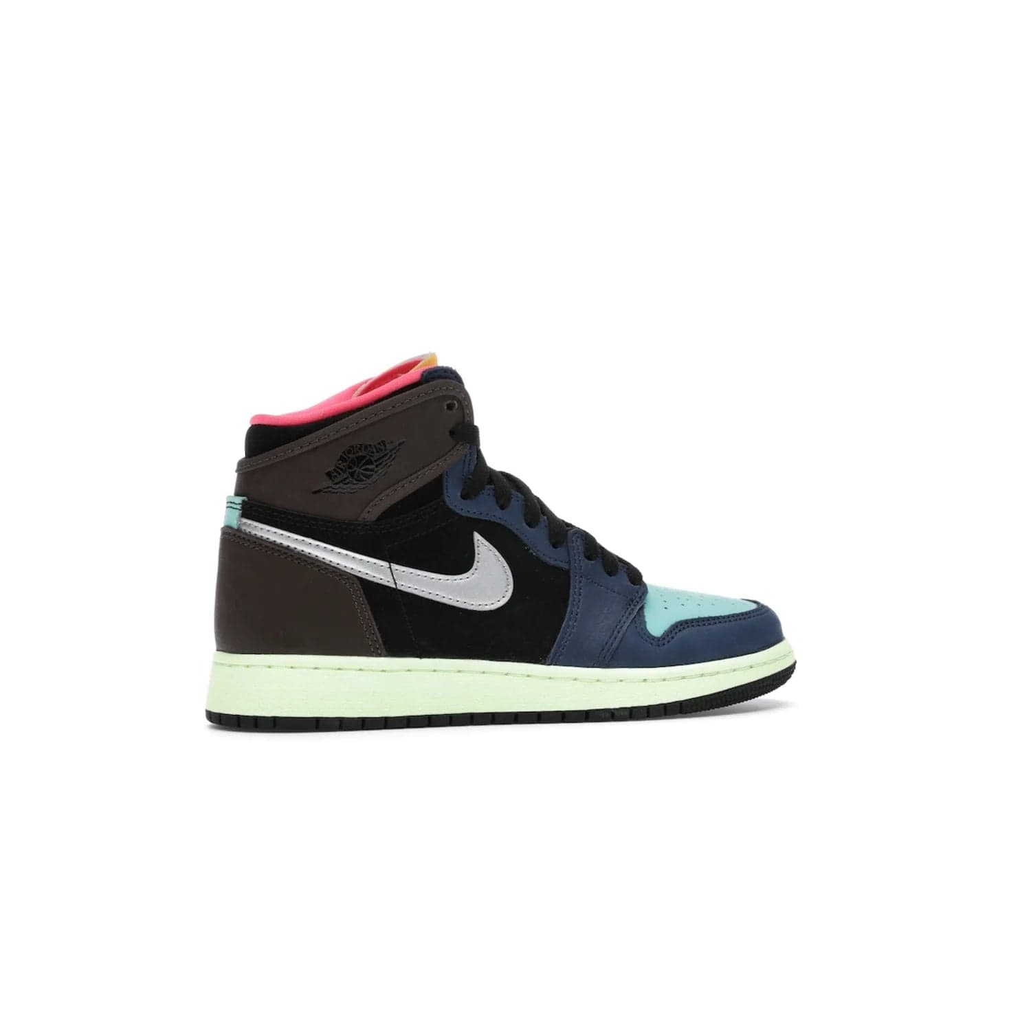 Jordan 1 Retro High Tokyo Bio Hack (GS) - Image 35 - Only at www.BallersClubKickz.com - One-of-a-kind design featuring black, brown, orange & pink. Light blue tones, laser orange & racer pink. Silvery Nike "Swoosh". Released Sept 2020, must-have for collectors.