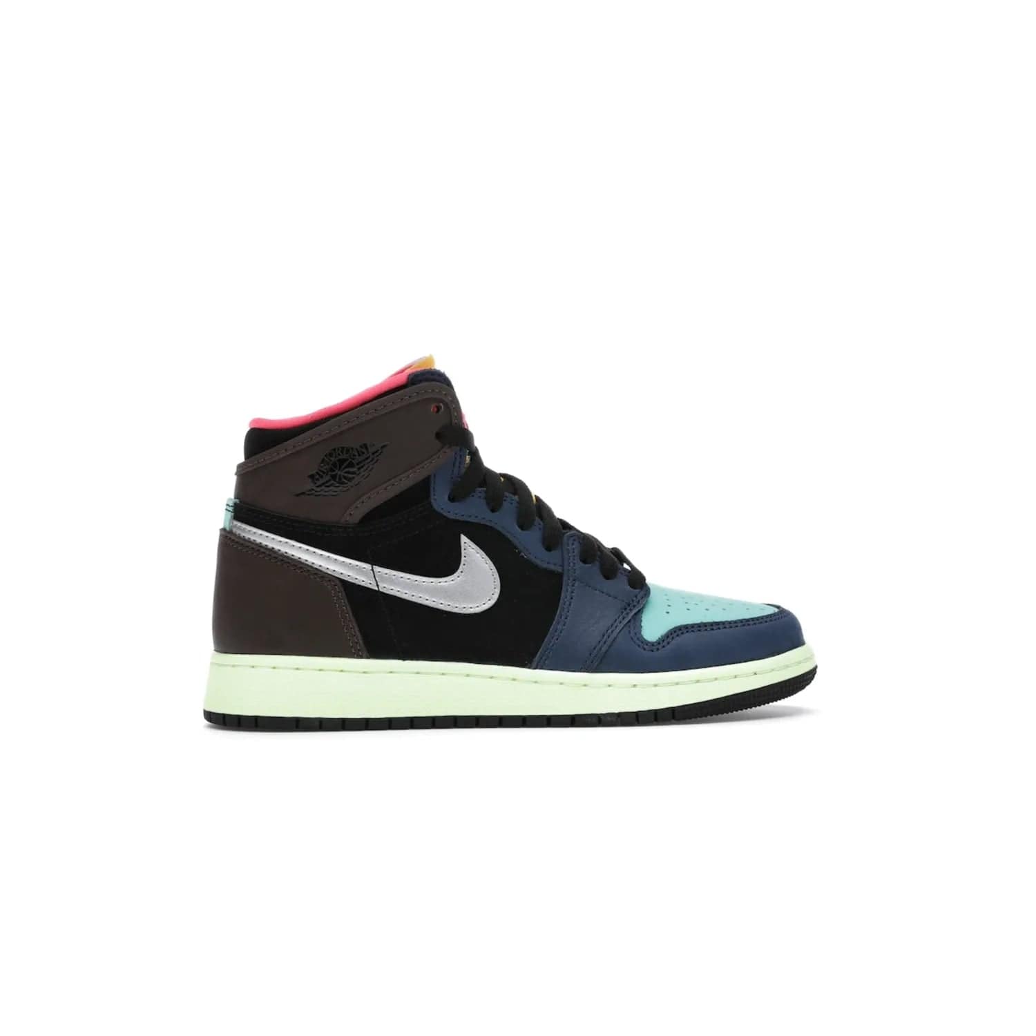Jordan 1 Retro High Tokyo Bio Hack (GS) - Image 36 - Only at www.BallersClubKickz.com - One-of-a-kind design featuring black, brown, orange & pink. Light blue tones, laser orange & racer pink. Silvery Nike "Swoosh". Released Sept 2020, must-have for collectors.