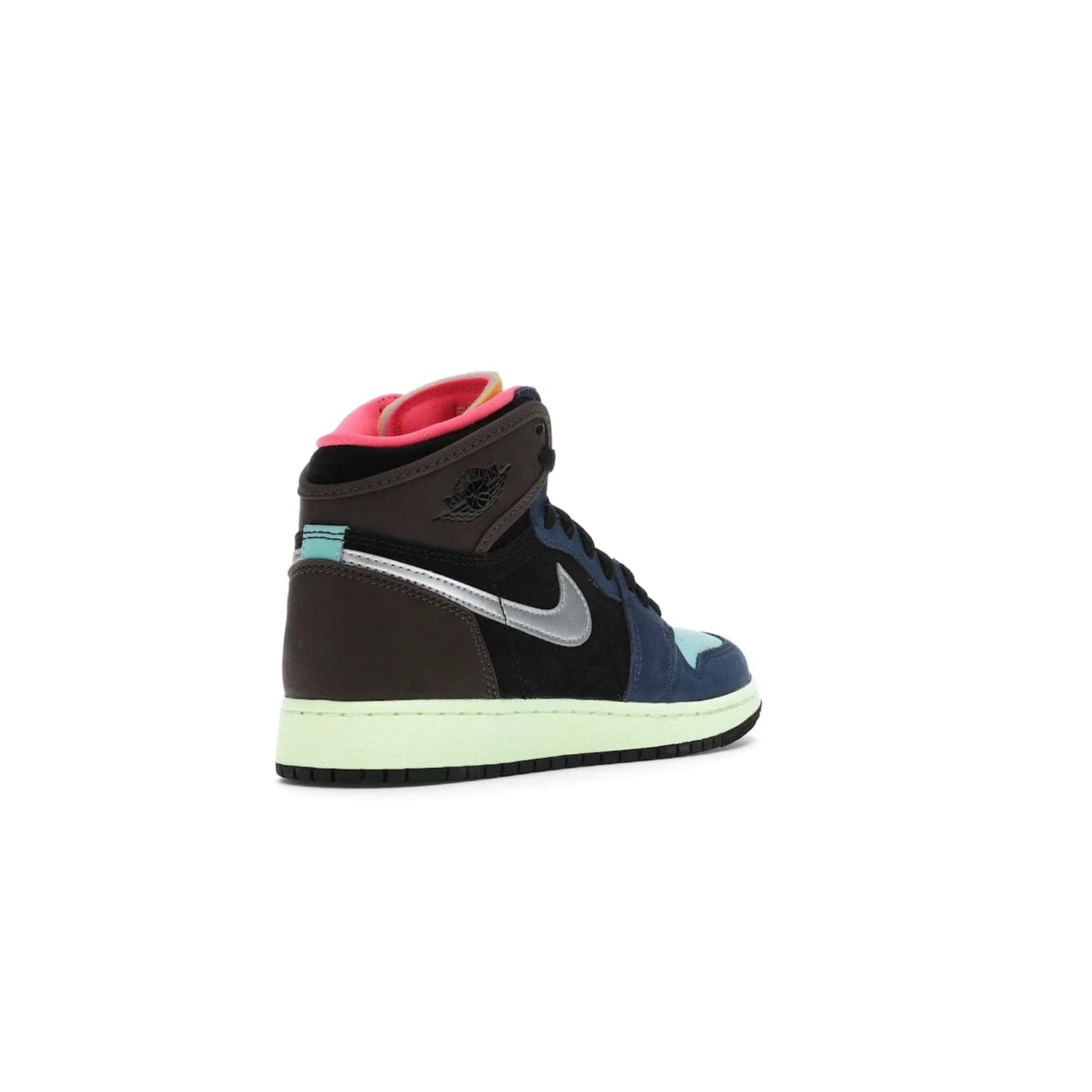 Jordan 1 Retro High Tokyo Bio Hack (GS) - Image 32 - Only at www.BallersClubKickz.com - One-of-a-kind design featuring black, brown, orange & pink. Light blue tones, laser orange & racer pink. Silvery Nike "Swoosh". Released Sept 2020, must-have for collectors.
