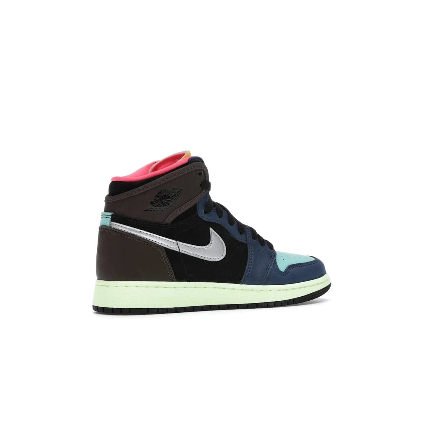 Jordan 1 Retro High Tokyo Bio Hack (GS) - Image 34 - Only at www.BallersClubKickz.com - One-of-a-kind design featuring black, brown, orange & pink. Light blue tones, laser orange & racer pink. Silvery Nike "Swoosh". Released Sept 2020, must-have for collectors.