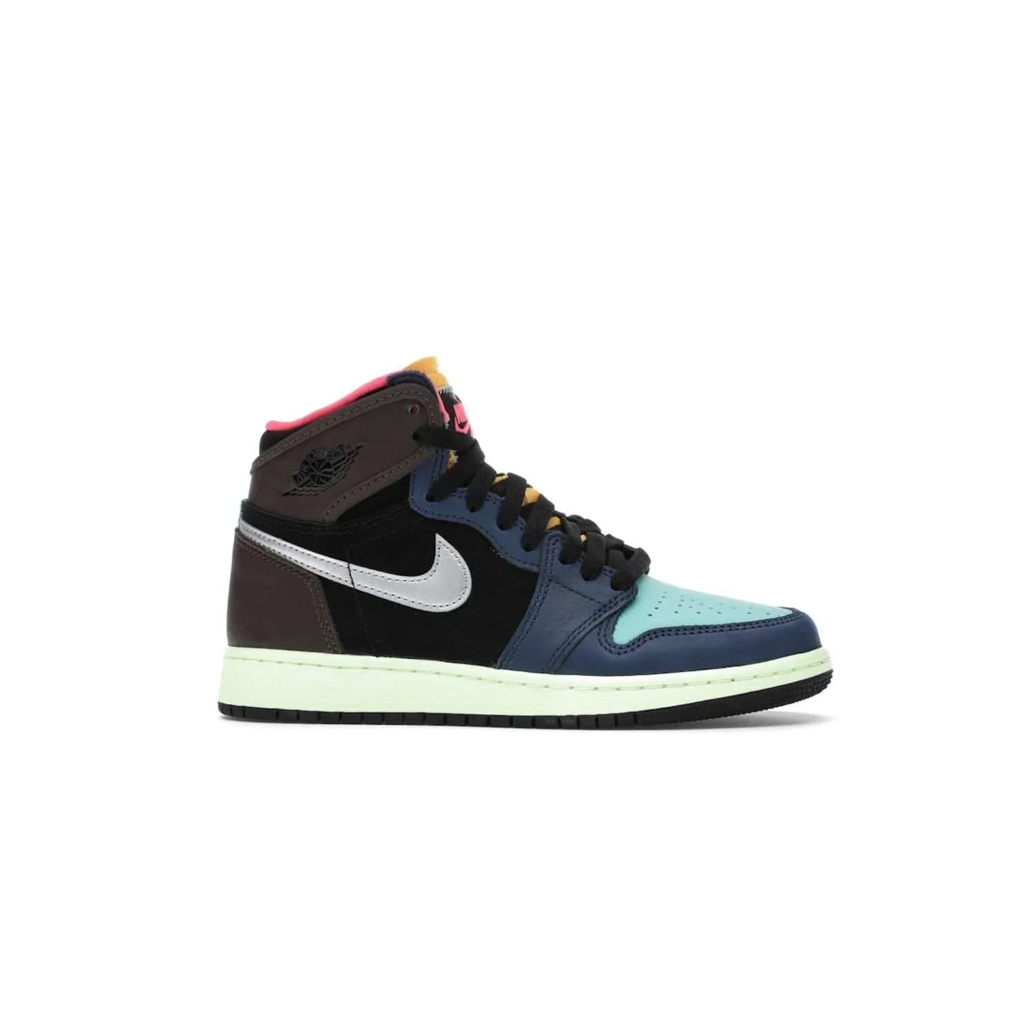 Jordan 1 Retro High Tokyo Bio Hack (GS) - Image 2 - Only at www.BallersClubKickz.com - One-of-a-kind design featuring black, brown, orange & pink. Light blue tones, laser orange & racer pink. Silvery Nike "Swoosh". Released Sept 2020, must-have for collectors.
