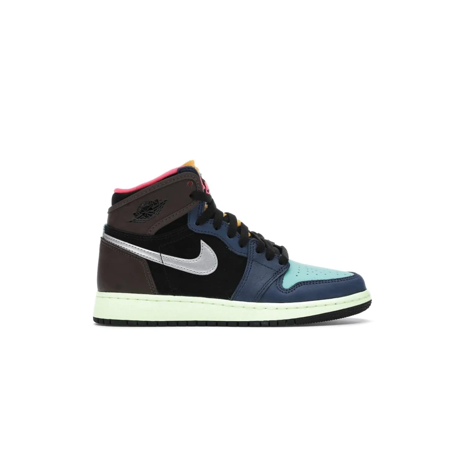 Jordan 1 Retro High Tokyo Bio Hack (GS) - Image 1 - Only at www.BallersClubKickz.com - One-of-a-kind design featuring black, brown, orange & pink. Light blue tones, laser orange & racer pink. Silvery Nike "Swoosh". Released Sept 2020, must-have for collectors.