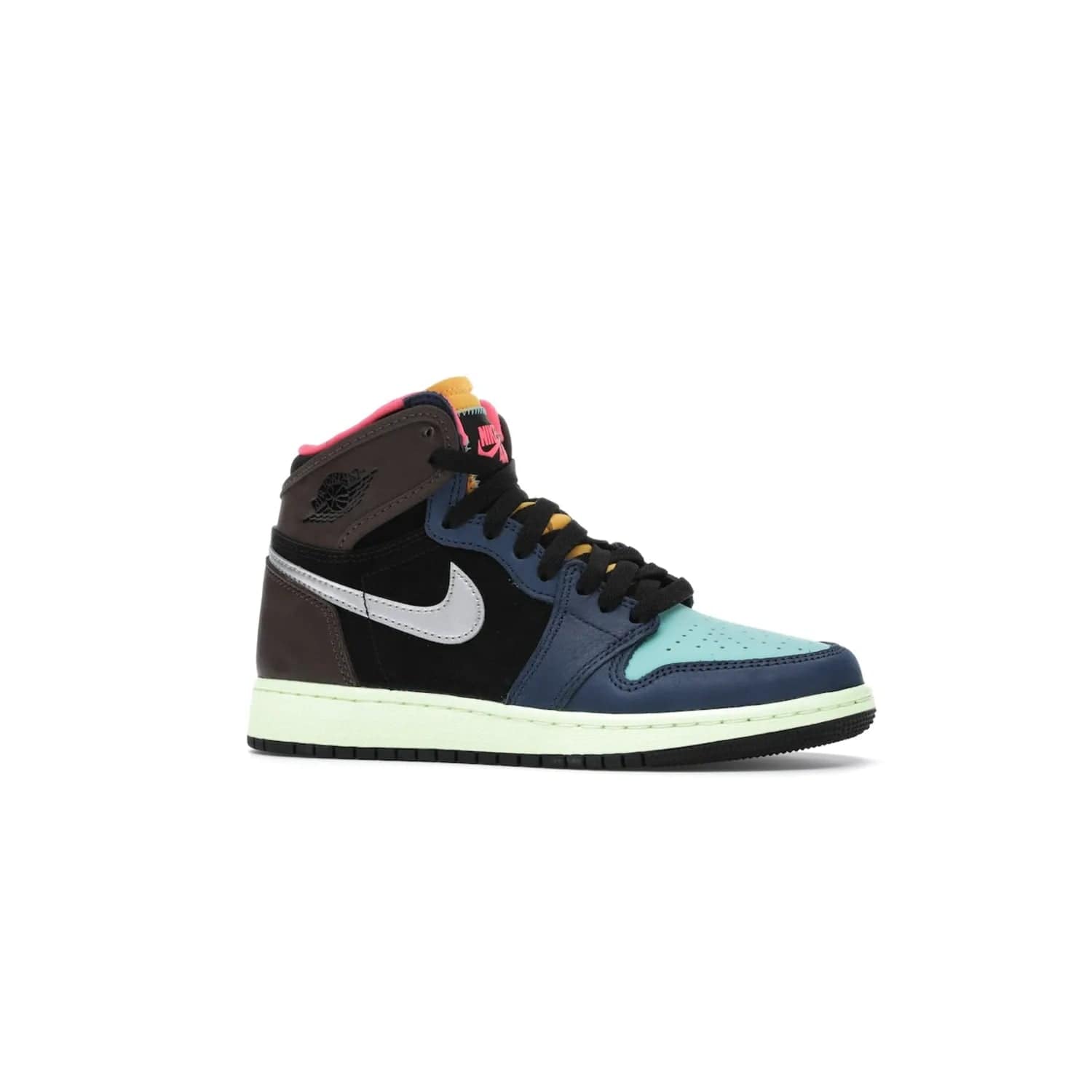 Jordan 1 Retro High Tokyo Bio Hack (GS) - Image 3 - Only at www.BallersClubKickz.com - One-of-a-kind design featuring black, brown, orange & pink. Light blue tones, laser orange & racer pink. Silvery Nike "Swoosh". Released Sept 2020, must-have for collectors.