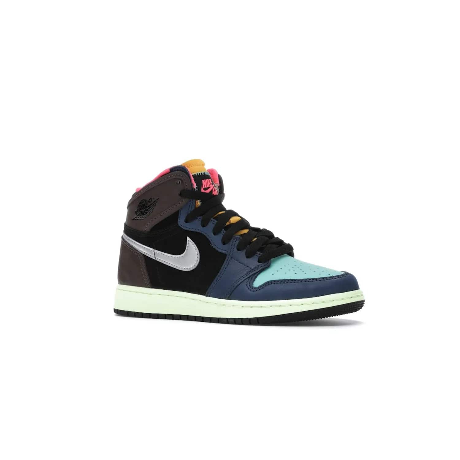 Jordan 1 Retro High Tokyo Bio Hack (GS) - Image 4 - Only at www.BallersClubKickz.com - One-of-a-kind design featuring black, brown, orange & pink. Light blue tones, laser orange & racer pink. Silvery Nike "Swoosh". Released Sept 2020, must-have for collectors.