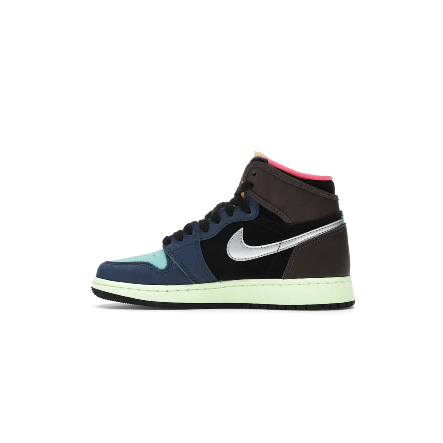 Jordan 1 Retro High Tokyo Bio Hack (GS) - Image 20 - Only at www.BallersClubKickz.com - One-of-a-kind design featuring black, brown, orange & pink. Light blue tones, laser orange & racer pink. Silvery Nike "Swoosh". Released Sept 2020, must-have for collectors.