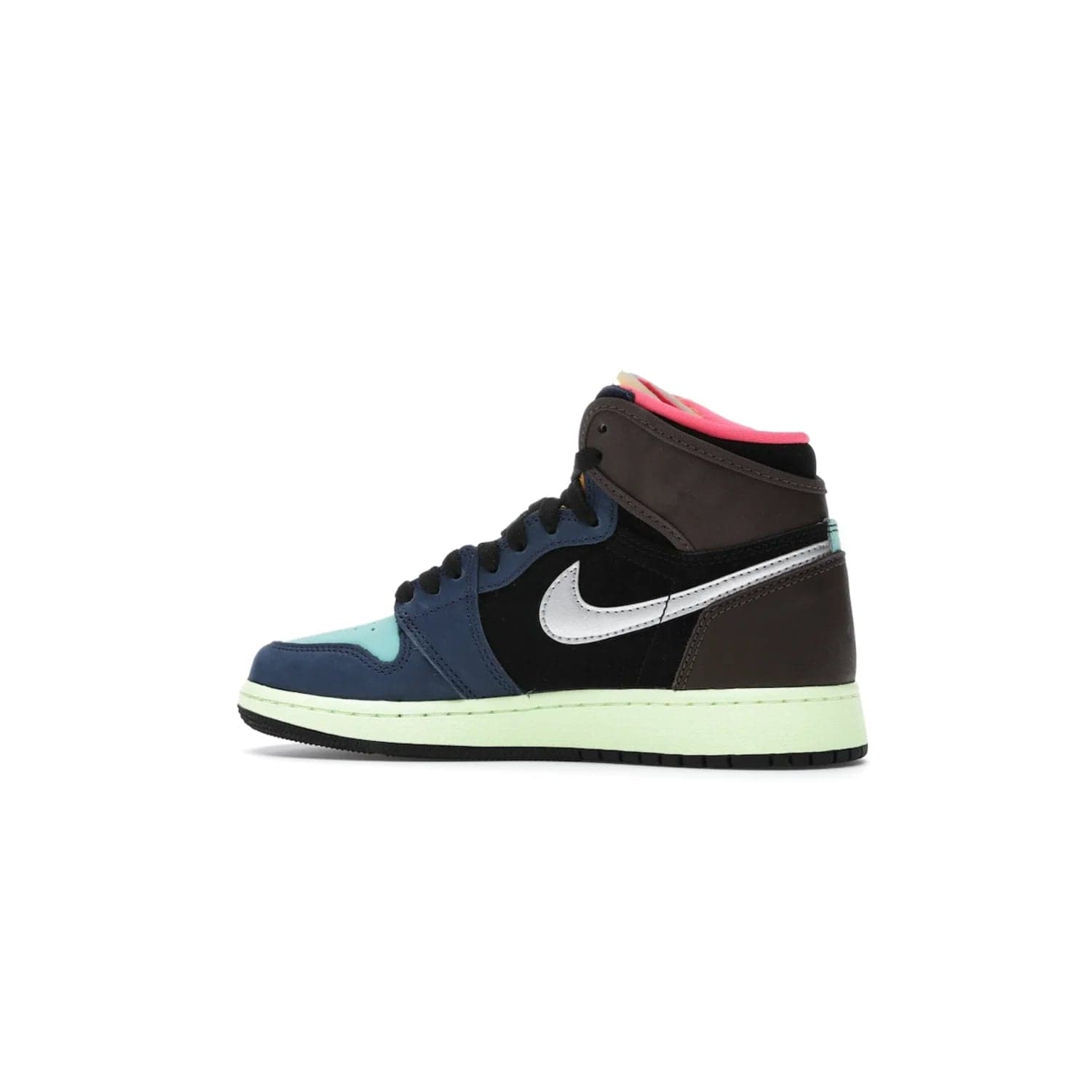 Jordan 1 Retro High Tokyo Bio Hack (GS) - Image 21 - Only at www.BallersClubKickz.com - One-of-a-kind design featuring black, brown, orange & pink. Light blue tones, laser orange & racer pink. Silvery Nike "Swoosh". Released Sept 2020, must-have for collectors.