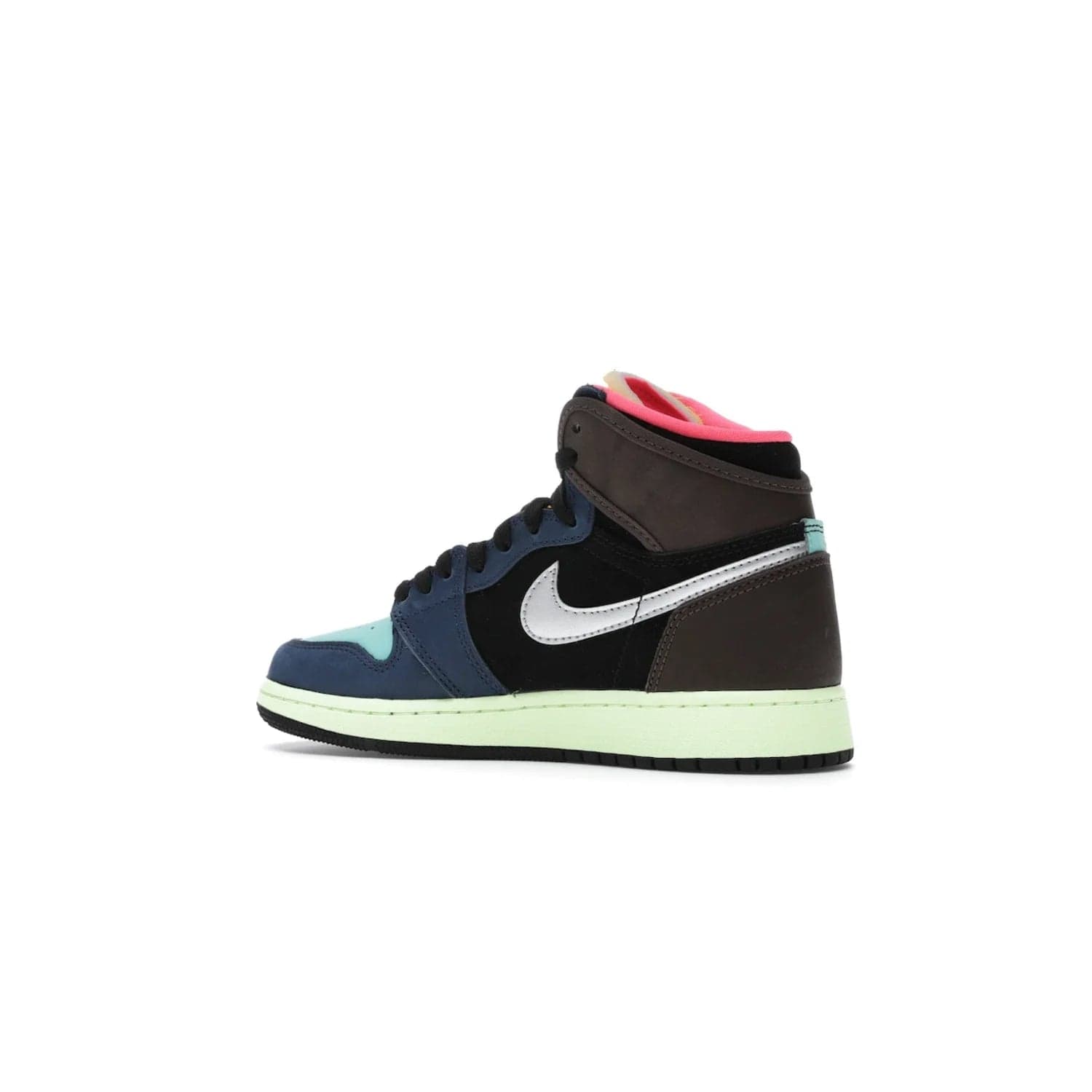 Jordan 1 Retro High Tokyo Bio Hack (GS) - Image 22 - Only at www.BallersClubKickz.com - One-of-a-kind design featuring black, brown, orange & pink. Light blue tones, laser orange & racer pink. Silvery Nike "Swoosh". Released Sept 2020, must-have for collectors.