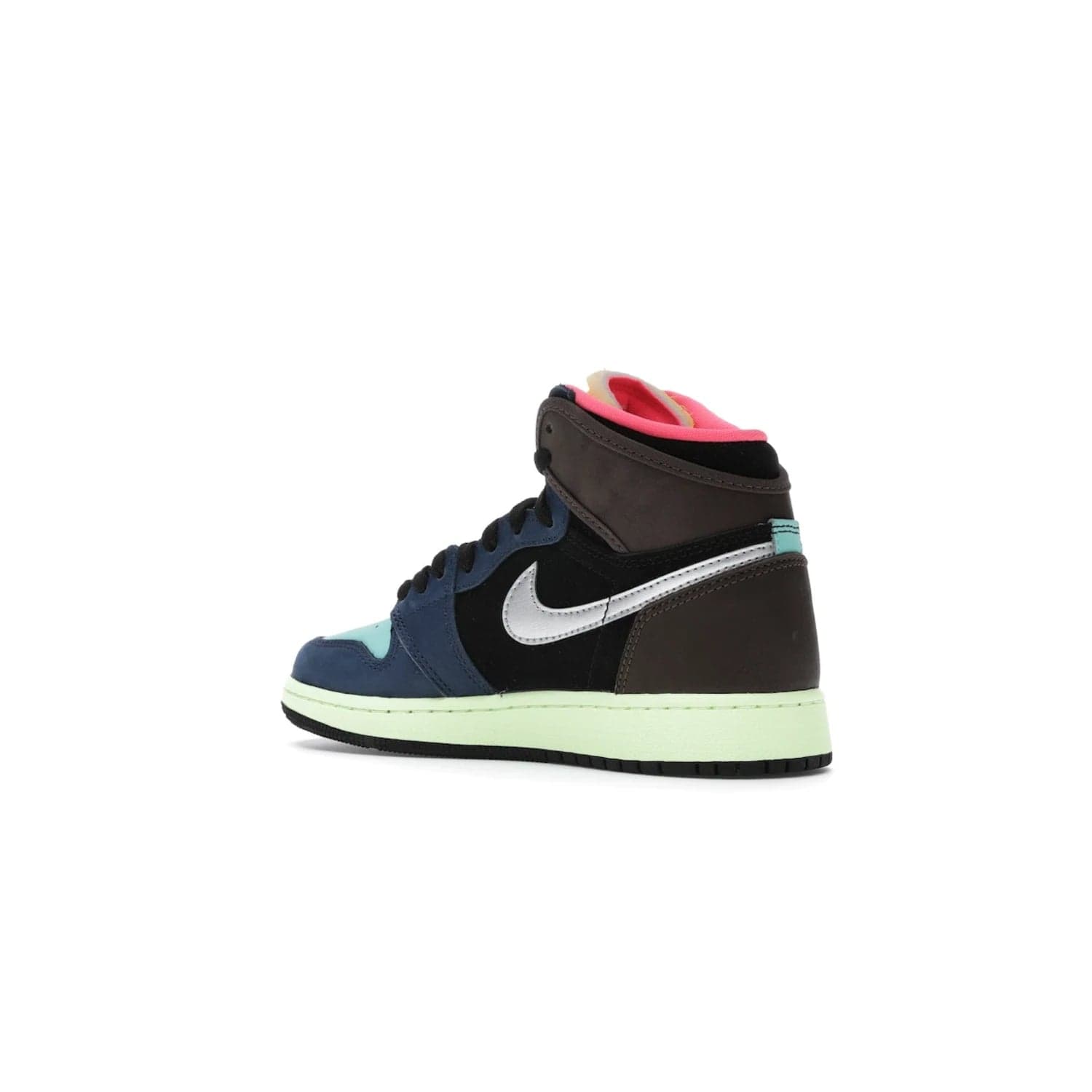 Jordan 1 Retro High Tokyo Bio Hack (GS) - Image 23 - Only at www.BallersClubKickz.com - One-of-a-kind design featuring black, brown, orange & pink. Light blue tones, laser orange & racer pink. Silvery Nike "Swoosh". Released Sept 2020, must-have for collectors.