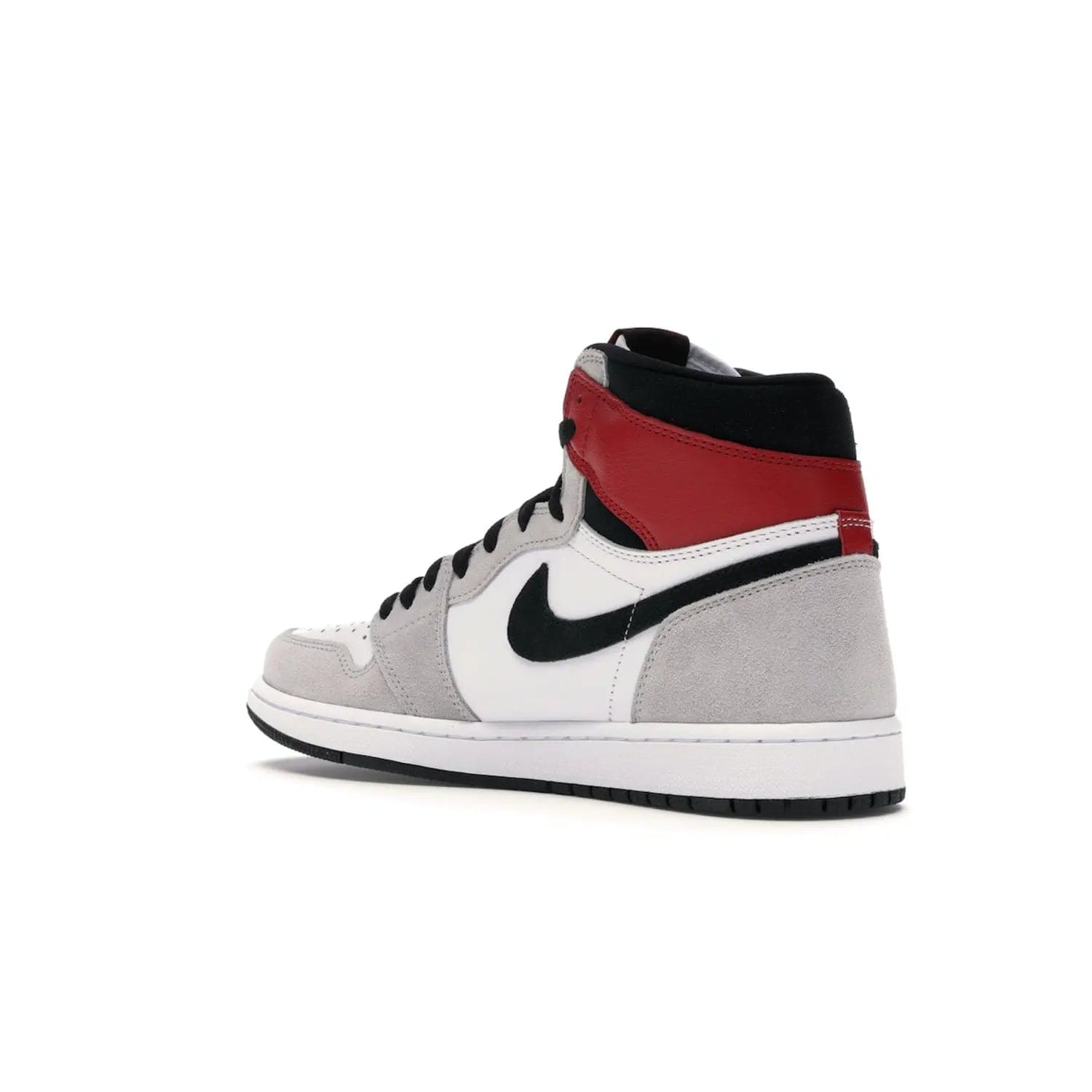 Jordan 1 Retro High Light Smoke Grey - Image 23 - Only at www.BallersClubKickz.com - Comfortable and stylish, Jordan 1 Retro High Light Smoke Grey offers a unique spin on a classic design. White leather, grey suede, red leather and black details are set on a white midsole and black outsole. Get the sneaker released in July 2020 and add a twist to your wardrobe.