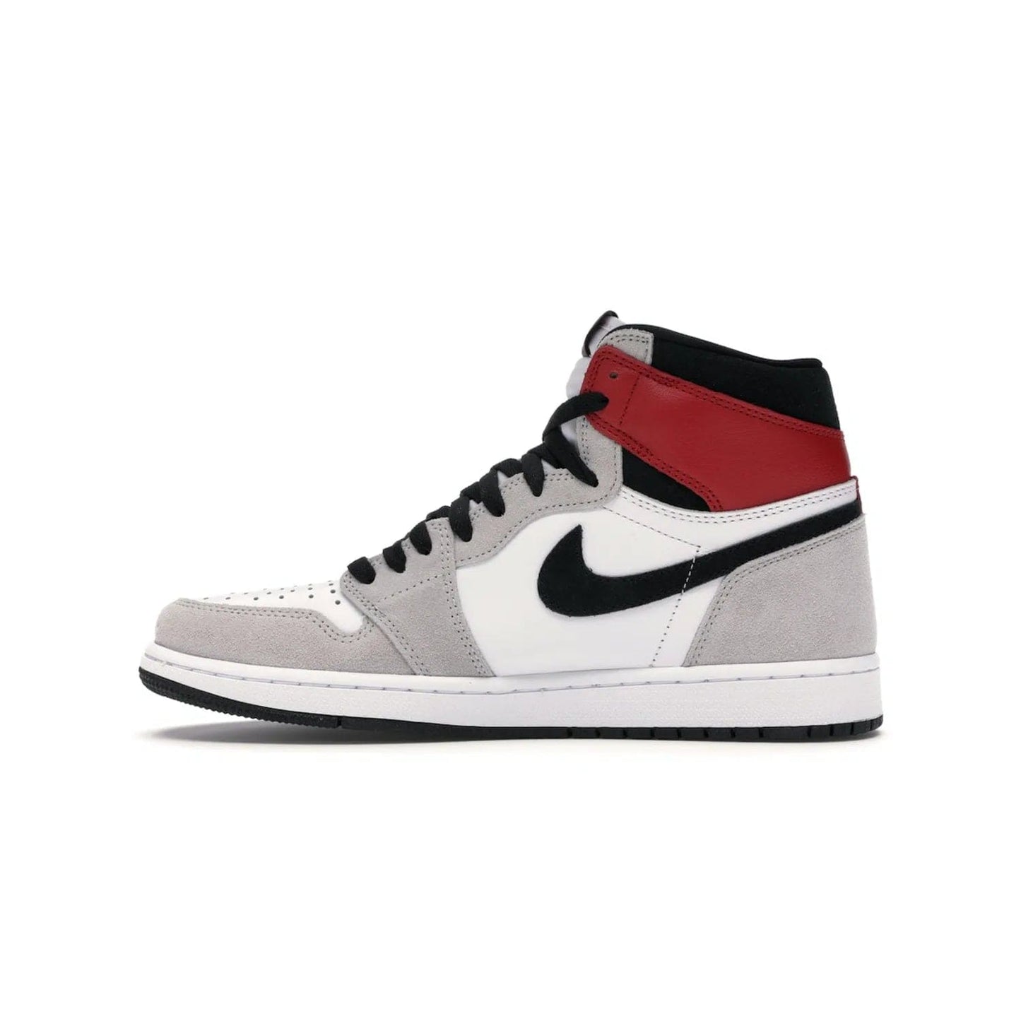 Jordan 1 Retro High Light Smoke Grey - Image 19 - Only at www.BallersClubKickz.com - Comfortable and stylish, Jordan 1 Retro High Light Smoke Grey offers a unique spin on a classic design. White leather, grey suede, red leather and black details are set on a white midsole and black outsole. Get the sneaker released in July 2020 and add a twist to your wardrobe.