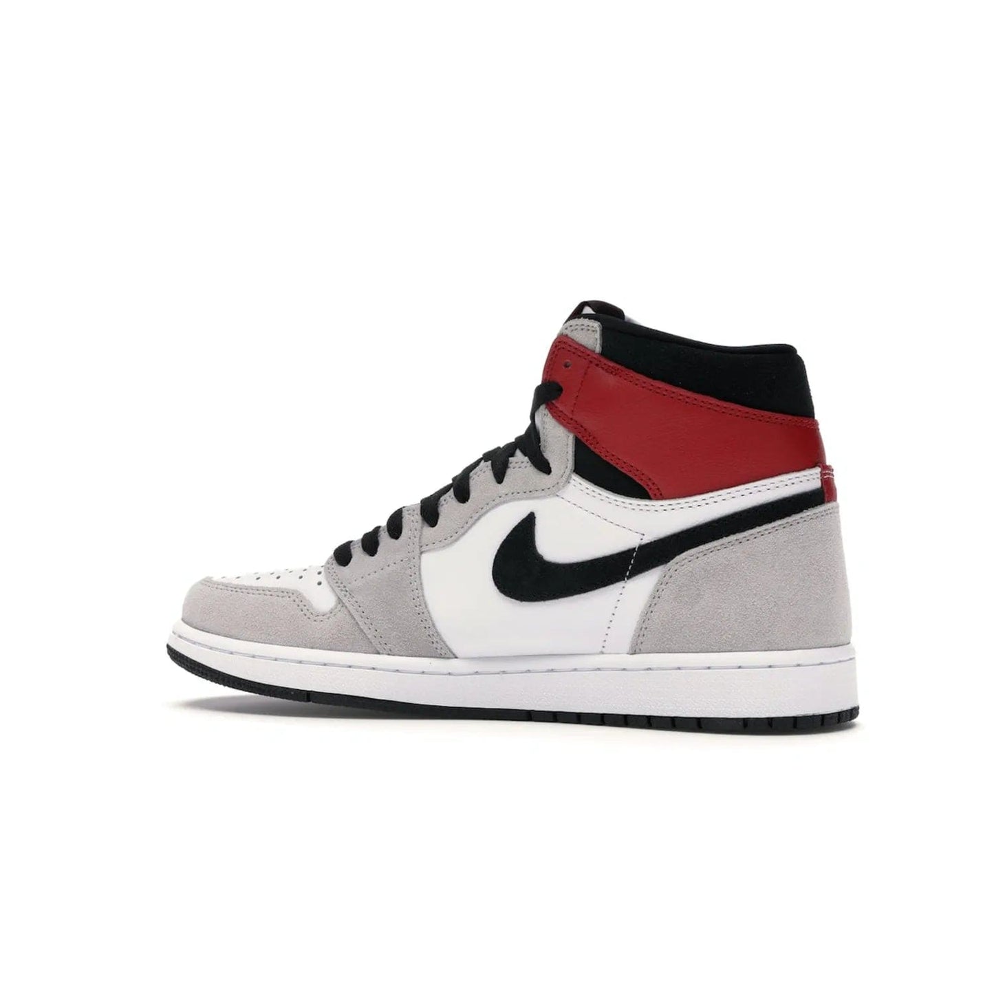 Jordan 1 Retro High Light Smoke Grey - Image 21 - Only at www.BallersClubKickz.com - Comfortable and stylish, Jordan 1 Retro High Light Smoke Grey offers a unique spin on a classic design. White leather, grey suede, red leather and black details are set on a white midsole and black outsole. Get the sneaker released in July 2020 and add a twist to your wardrobe.