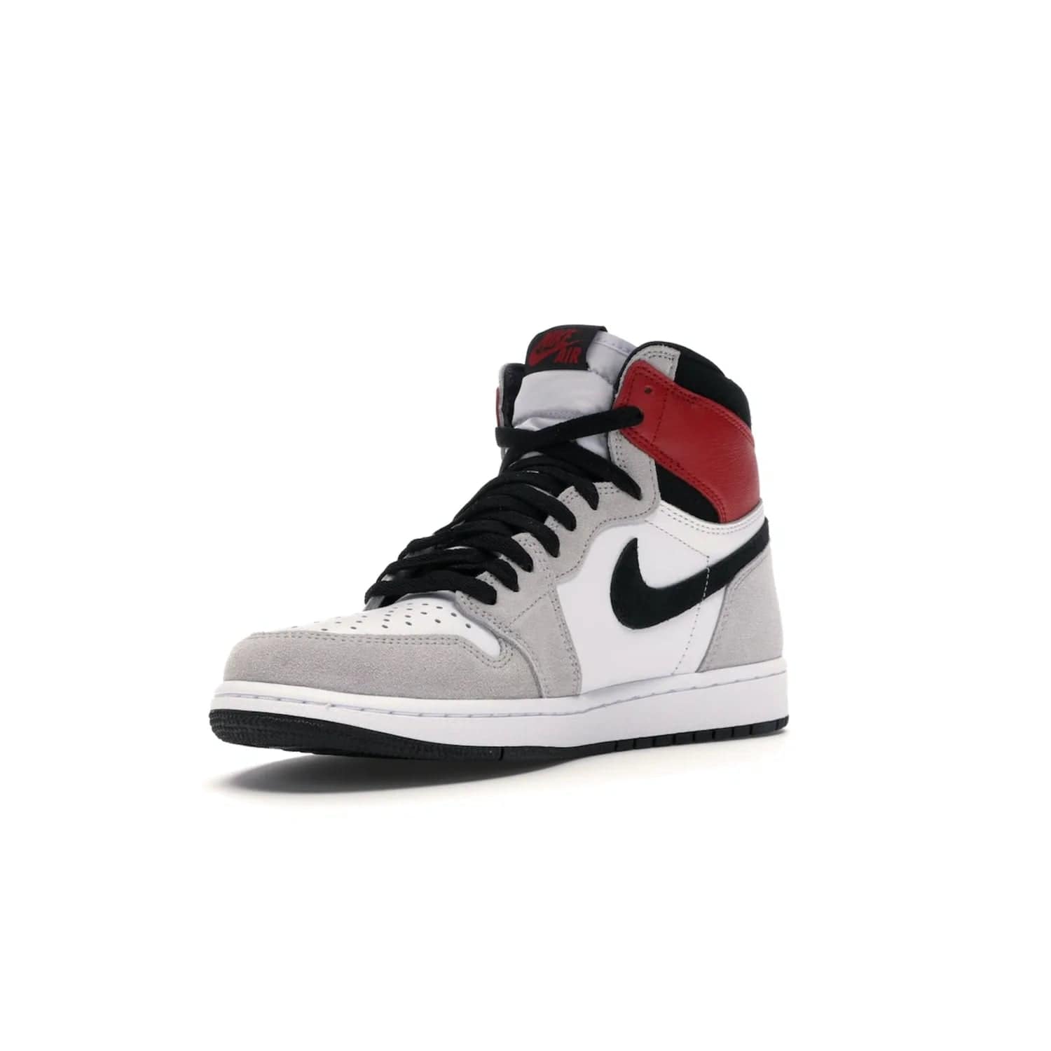 Jordan 1 Retro High Light Smoke Grey - Image 14 - Only at www.BallersClubKickz.com - Comfortable and stylish, Jordan 1 Retro High Light Smoke Grey offers a unique spin on a classic design. White leather, grey suede, red leather and black details are set on a white midsole and black outsole. Get the sneaker released in July 2020 and add a twist to your wardrobe.