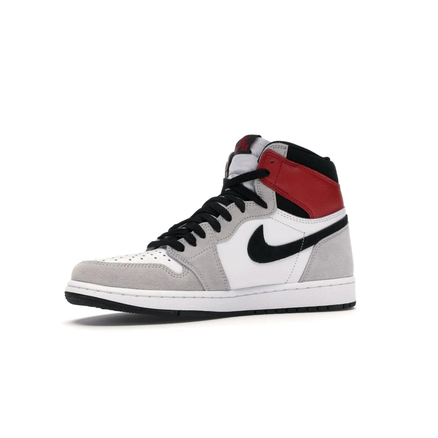 Jordan 1 Retro High Light Smoke Grey - Image 16 - Only at www.BallersClubKickz.com - Comfortable and stylish, Jordan 1 Retro High Light Smoke Grey offers a unique spin on a classic design. White leather, grey suede, red leather and black details are set on a white midsole and black outsole. Get the sneaker released in July 2020 and add a twist to your wardrobe.