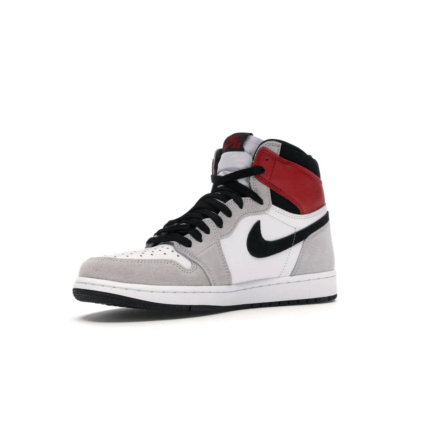 Jordan 1 Retro High Light Smoke Grey - Image 15 - Only at www.BallersClubKickz.com - Comfortable and stylish, Jordan 1 Retro High Light Smoke Grey offers a unique spin on a classic design. White leather, grey suede, red leather and black details are set on a white midsole and black outsole. Get the sneaker released in July 2020 and add a twist to your wardrobe.