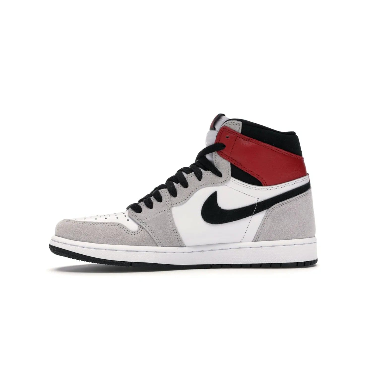 Jordan 1 Retro High Light Smoke Grey - Image 18 - Only at www.BallersClubKickz.com - Comfortable and stylish, Jordan 1 Retro High Light Smoke Grey offers a unique spin on a classic design. White leather, grey suede, red leather and black details are set on a white midsole and black outsole. Get the sneaker released in July 2020 and add a twist to your wardrobe.