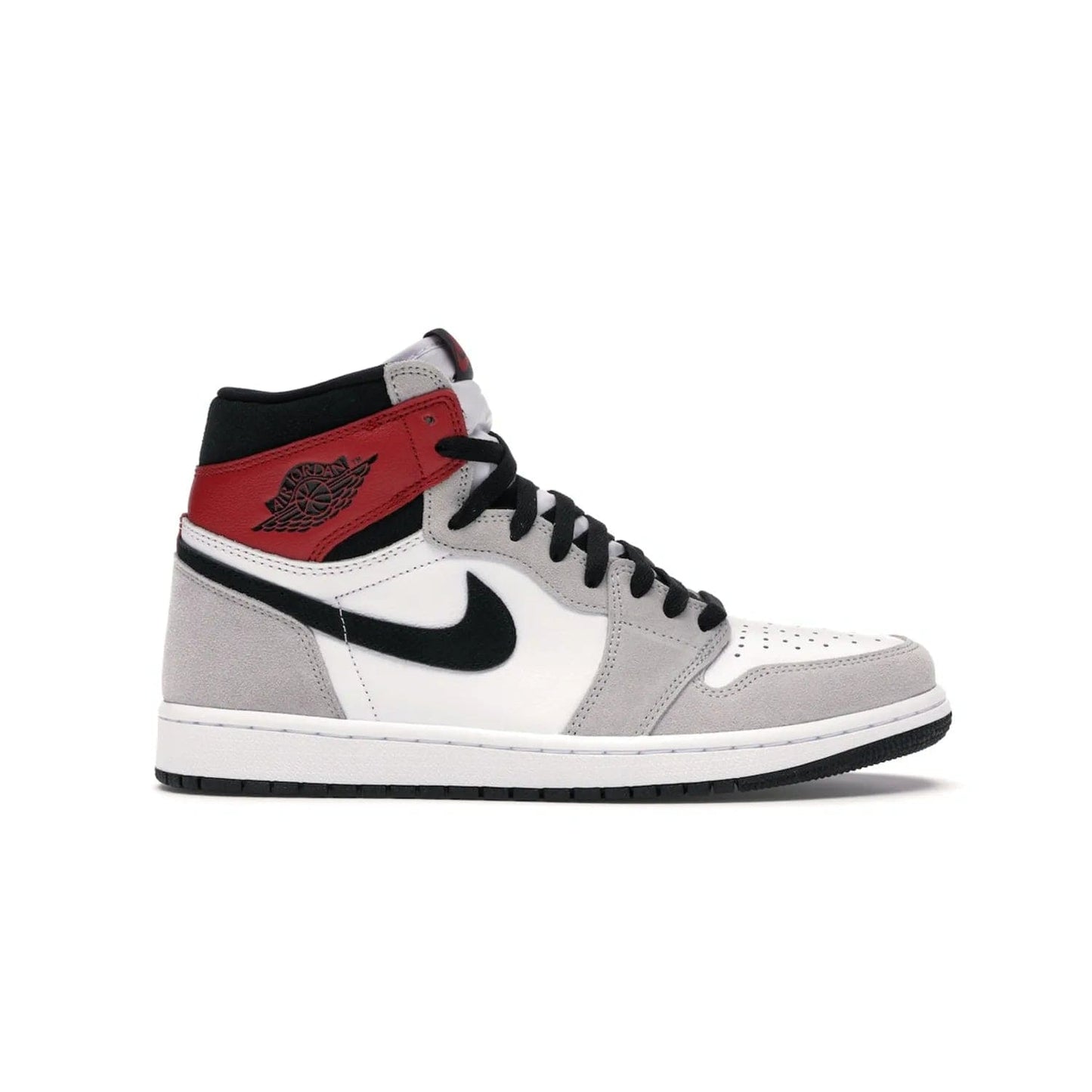 Jordan 1 Retro High Light Smoke Grey - Image 1 - Only at www.BallersClubKickz.com - Comfortable and stylish, Jordan 1 Retro High Light Smoke Grey offers a unique spin on a classic design. White leather, grey suede, red leather and black details are set on a white midsole and black outsole. Get the sneaker released in July 2020 and add a twist to your wardrobe.
