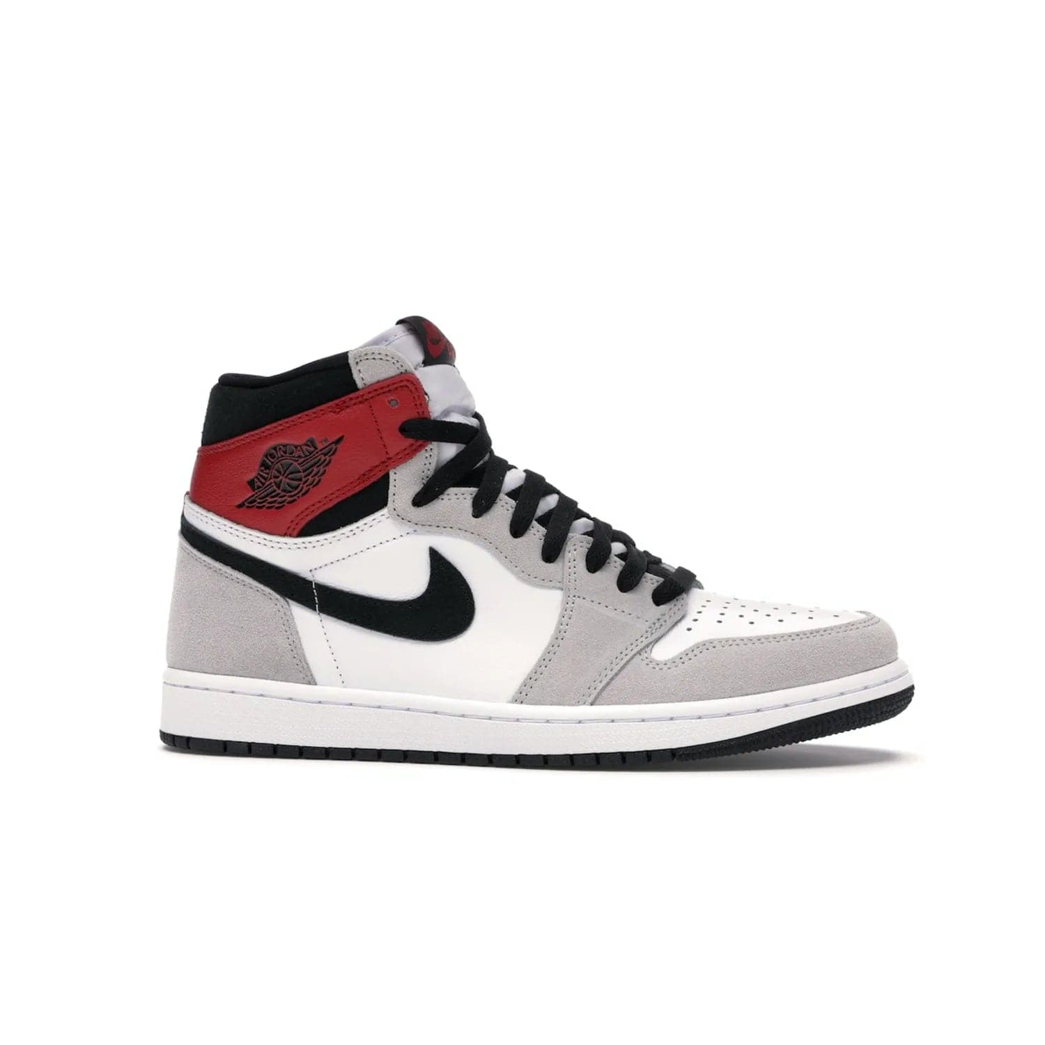 Jordan 1 Retro High Light Smoke Grey - Image 2 - Only at www.BallersClubKickz.com - Comfortable and stylish, Jordan 1 Retro High Light Smoke Grey offers a unique spin on a classic design. White leather, grey suede, red leather and black details are set on a white midsole and black outsole. Get the sneaker released in July 2020 and add a twist to your wardrobe.