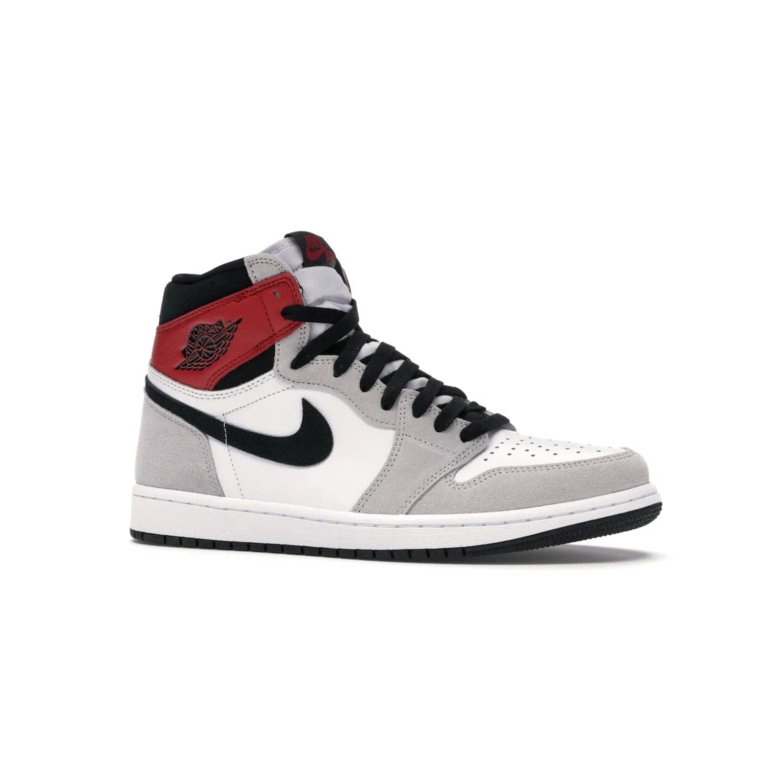 Jordan 1 Retro High Light Smoke Grey - Image 3 - Only at www.BallersClubKickz.com - Comfortable and stylish, Jordan 1 Retro High Light Smoke Grey offers a unique spin on a classic design. White leather, grey suede, red leather and black details are set on a white midsole and black outsole. Get the sneaker released in July 2020 and add a twist to your wardrobe.
