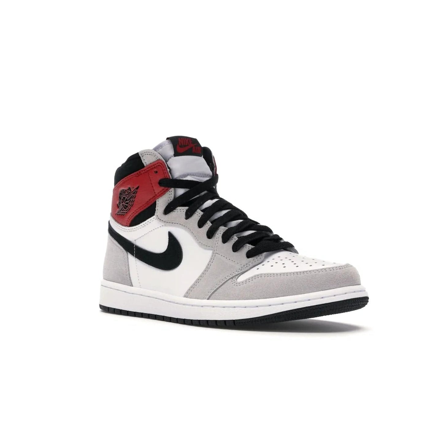 Jordan 1 Retro High Light Smoke Grey - Image 5 - Only at www.BallersClubKickz.com - Comfortable and stylish, Jordan 1 Retro High Light Smoke Grey offers a unique spin on a classic design. White leather, grey suede, red leather and black details are set on a white midsole and black outsole. Get the sneaker released in July 2020 and add a twist to your wardrobe.