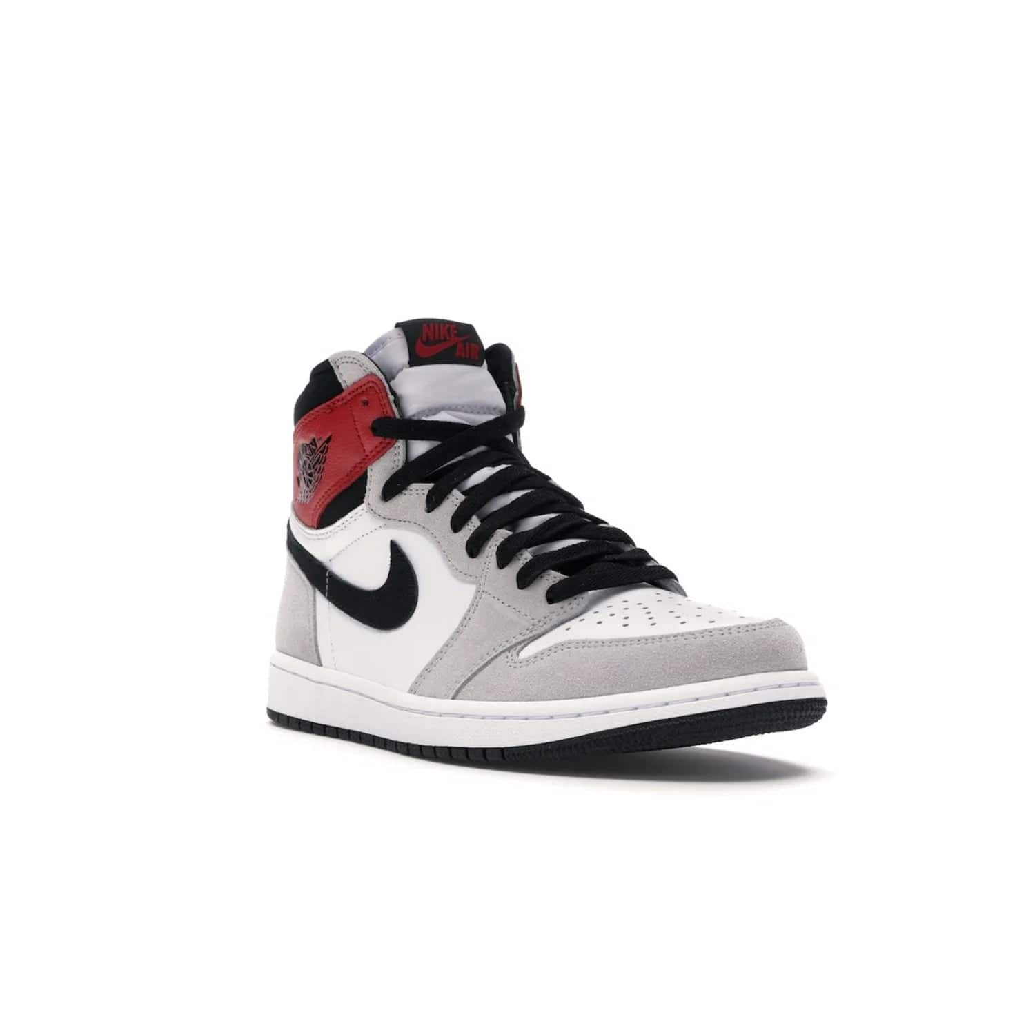 Jordan 1 Retro High Light Smoke Grey - Image 6 - Only at www.BallersClubKickz.com - Comfortable and stylish, Jordan 1 Retro High Light Smoke Grey offers a unique spin on a classic design. White leather, grey suede, red leather and black details are set on a white midsole and black outsole. Get the sneaker released in July 2020 and add a twist to your wardrobe.