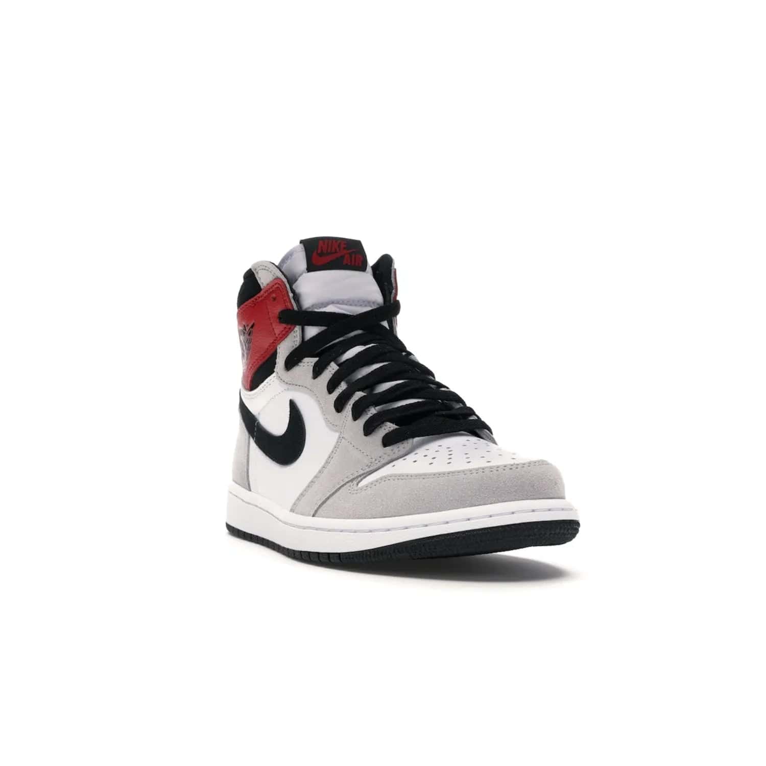 Jordan 1 Retro High Light Smoke Grey - Image 7 - Only at www.BallersClubKickz.com - Comfortable and stylish, Jordan 1 Retro High Light Smoke Grey offers a unique spin on a classic design. White leather, grey suede, red leather and black details are set on a white midsole and black outsole. Get the sneaker released in July 2020 and add a twist to your wardrobe.