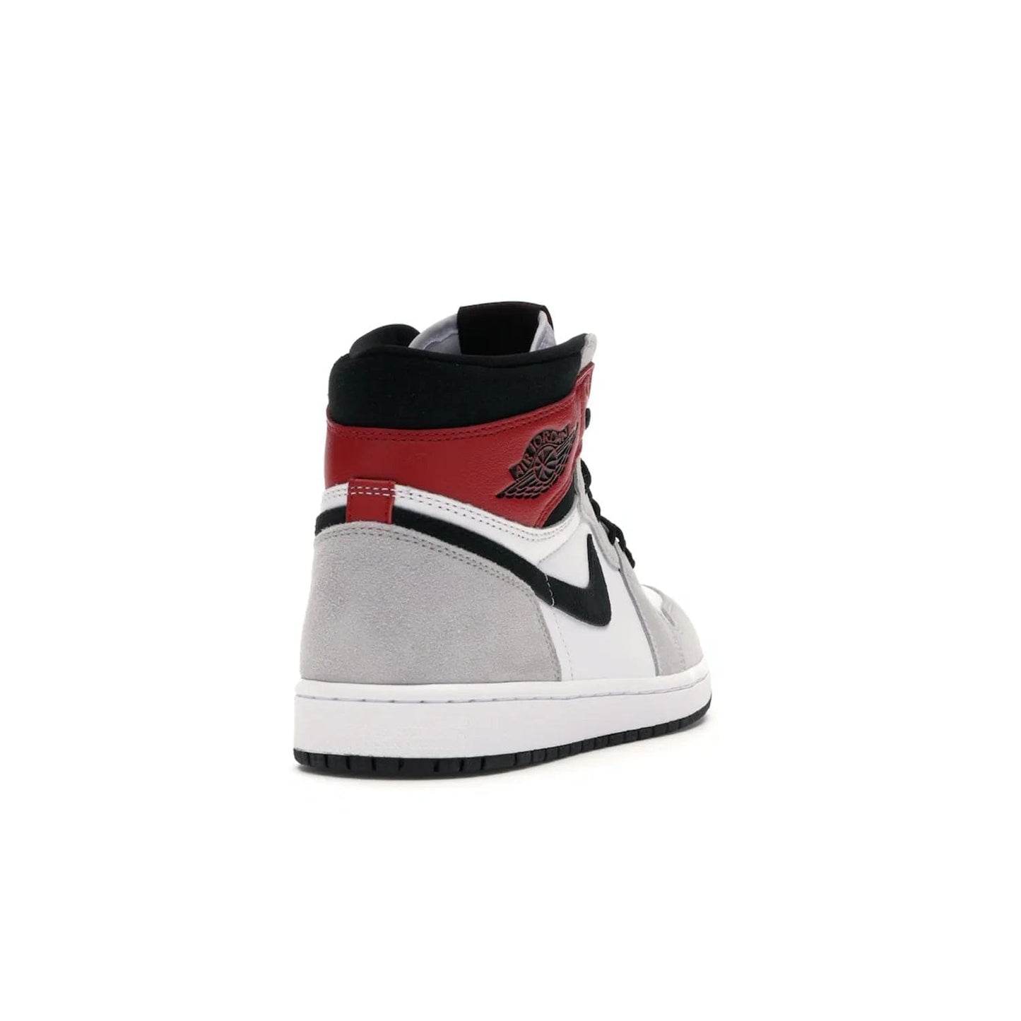 Jordan 1 Retro High Light Smoke Grey - Image 30 - Only at www.BallersClubKickz.com - Comfortable and stylish, Jordan 1 Retro High Light Smoke Grey offers a unique spin on a classic design. White leather, grey suede, red leather and black details are set on a white midsole and black outsole. Get the sneaker released in July 2020 and add a twist to your wardrobe.