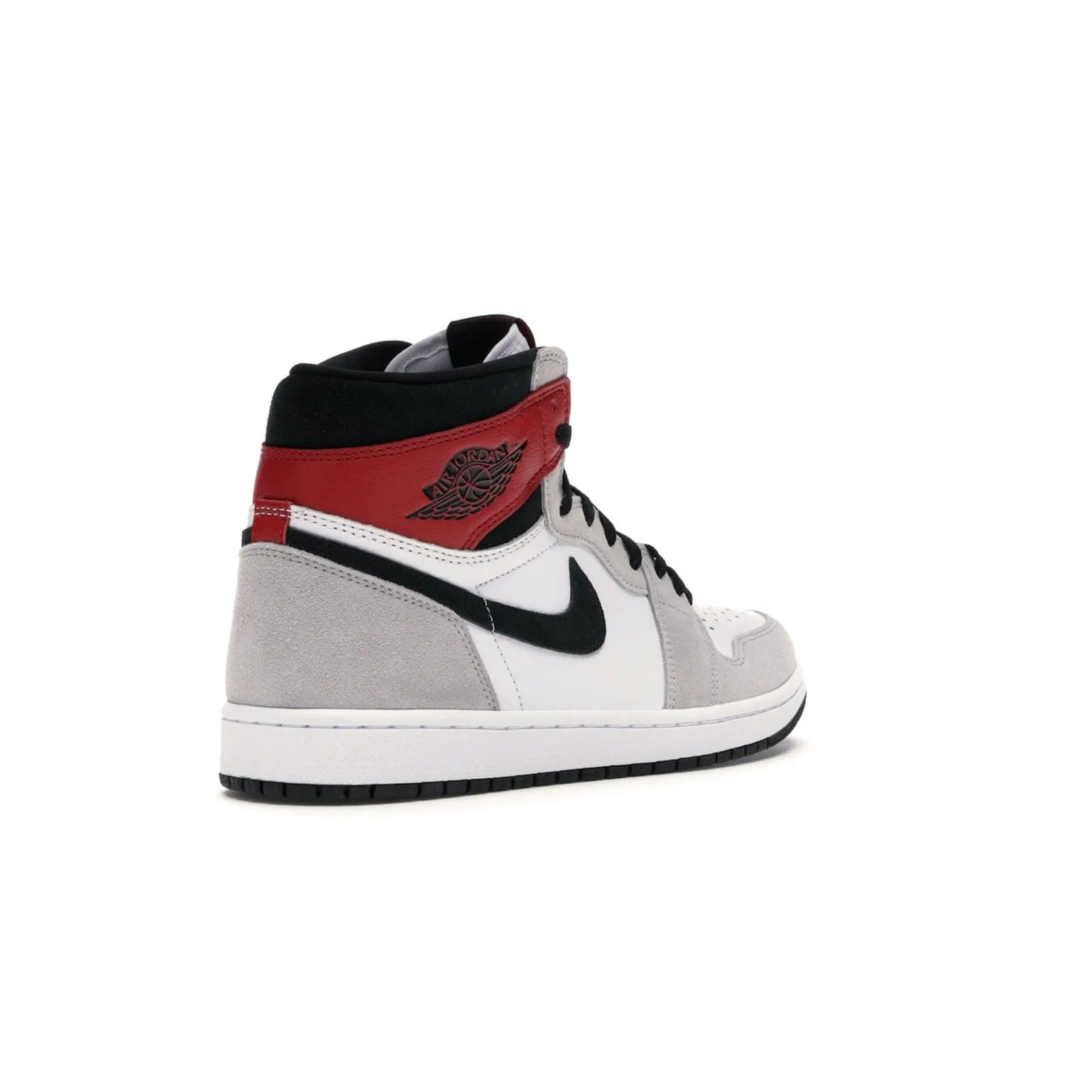 Jordan 1 Retro High Light Smoke Grey - Image 32 - Only at www.BallersClubKickz.com - Comfortable and stylish, Jordan 1 Retro High Light Smoke Grey offers a unique spin on a classic design. White leather, grey suede, red leather and black details are set on a white midsole and black outsole. Get the sneaker released in July 2020 and add a twist to your wardrobe.