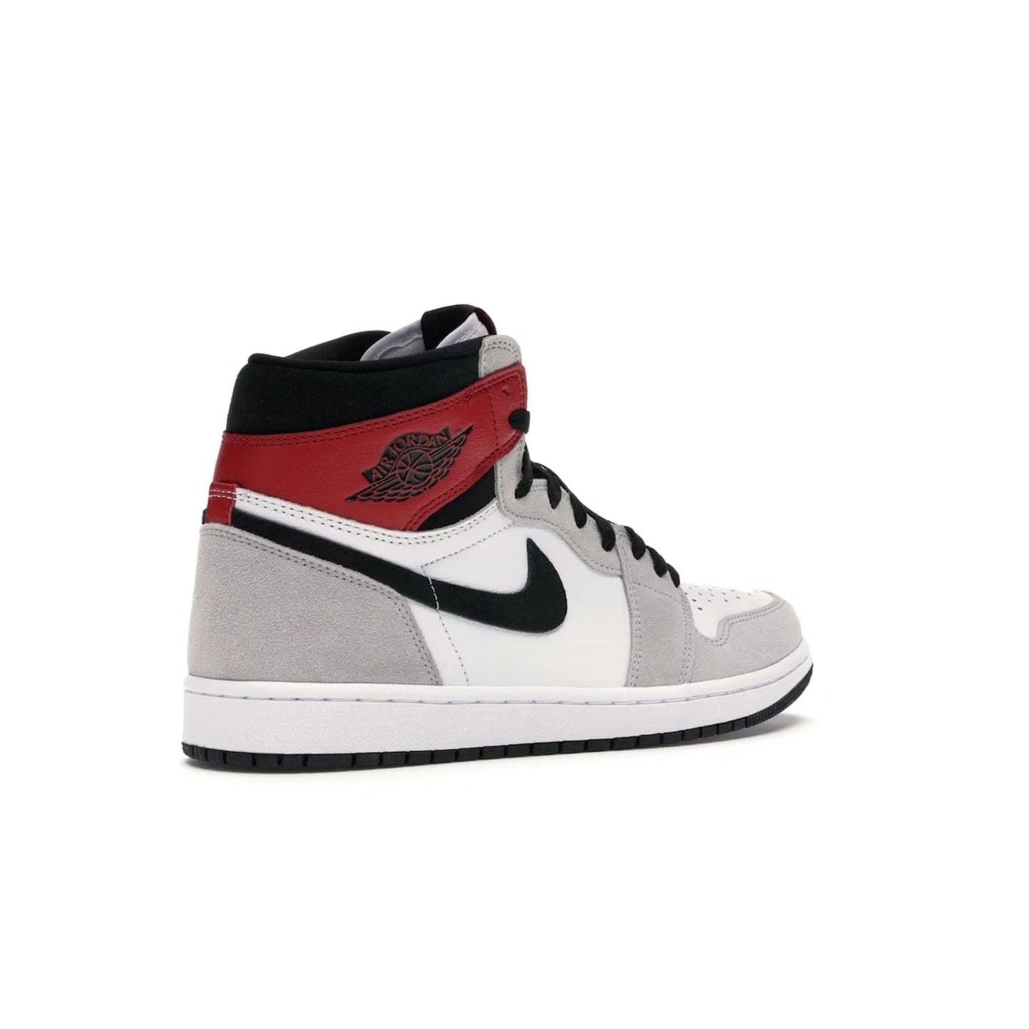 Jordan 1 Retro High Light Smoke Grey - Image 33 - Only at www.BallersClubKickz.com - Comfortable and stylish, Jordan 1 Retro High Light Smoke Grey offers a unique spin on a classic design. White leather, grey suede, red leather and black details are set on a white midsole and black outsole. Get the sneaker released in July 2020 and add a twist to your wardrobe.
